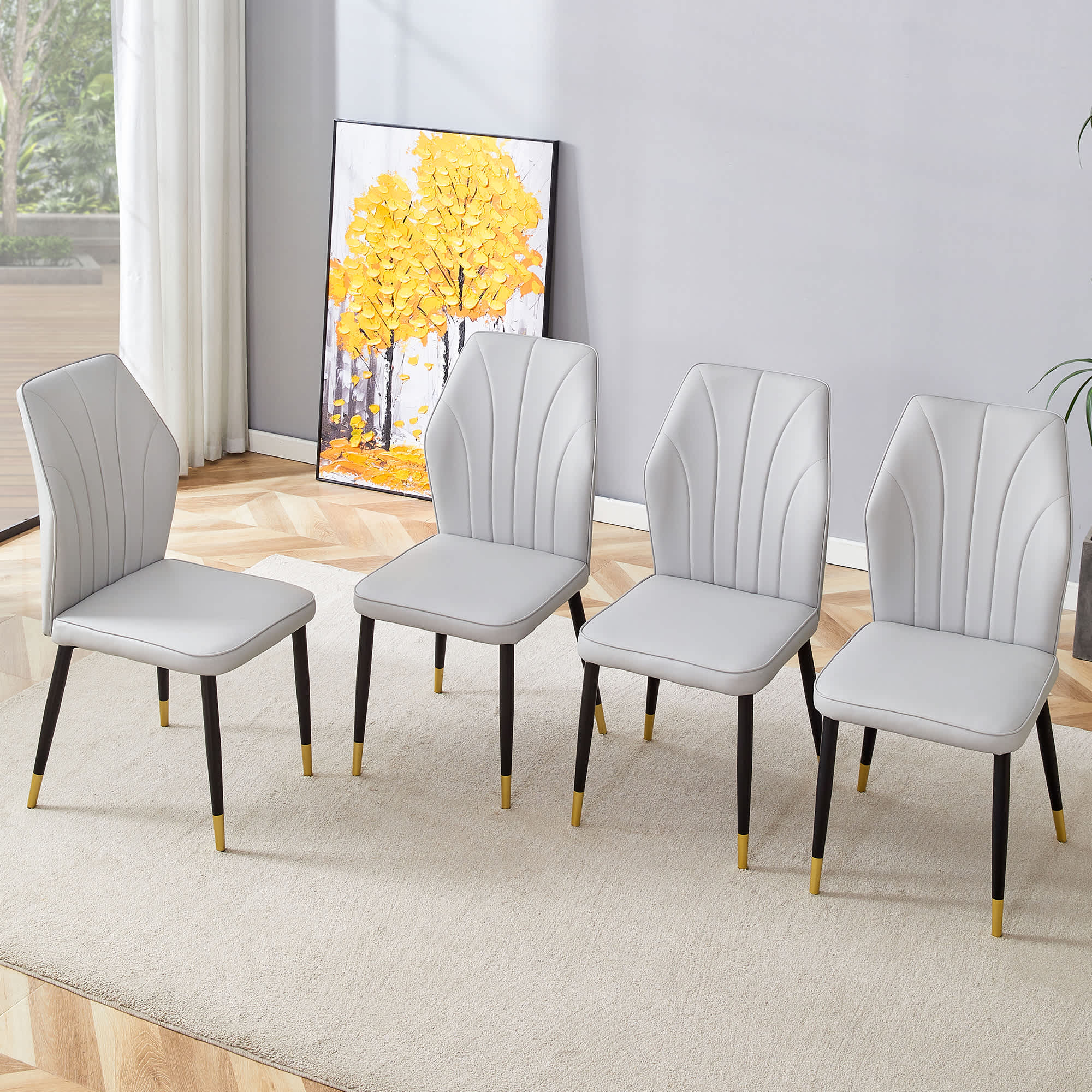 Vynxaria LEXY0088-DJCY-4GRY Set of 4 Light Gray PU Dining Chairs with Black Metal Legs
