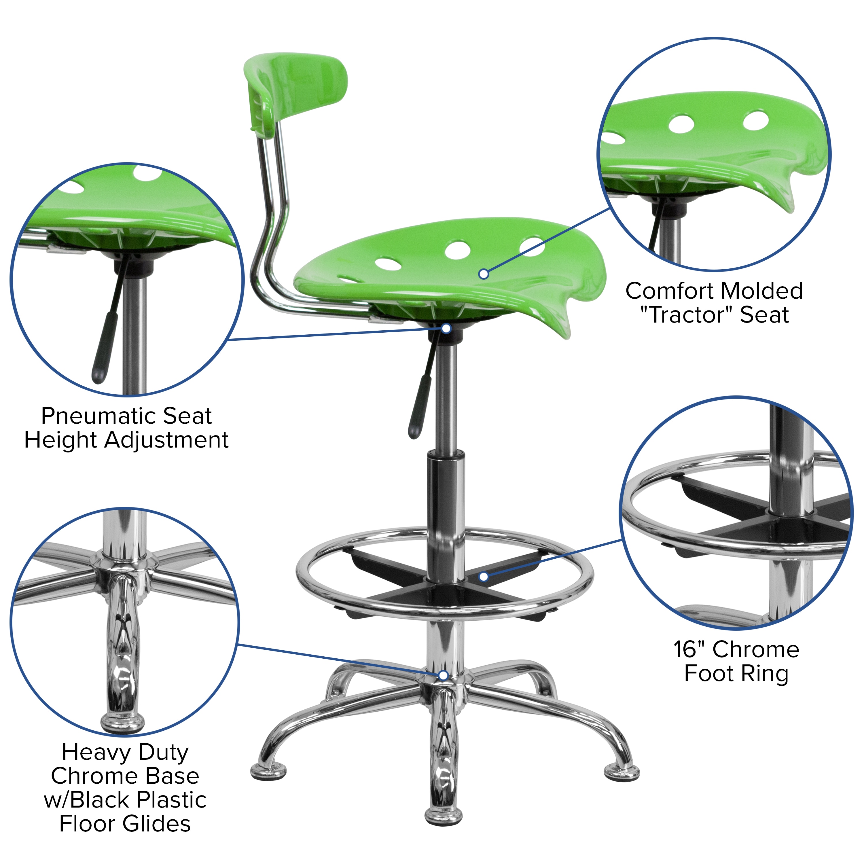 Vibrant Apple Green and Chrome Adjustable Drafting Stool with Tractor Seat