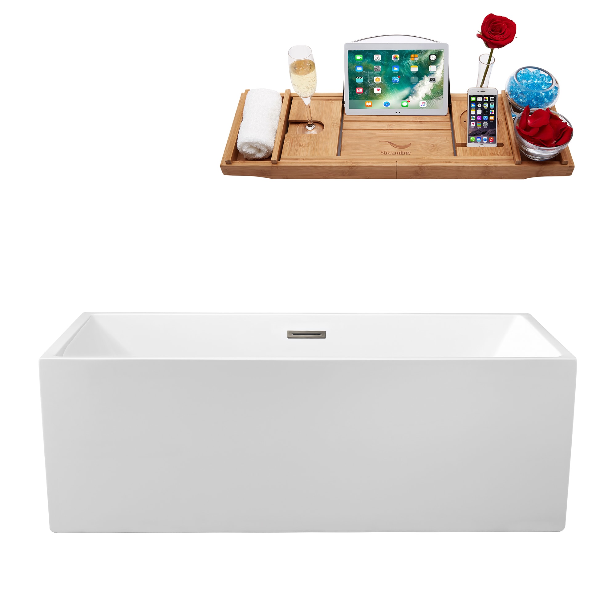 Streamline N260BNK 31.5-in x 65.7-in Glossy White Acrylic Rectangular Freestanding Soaking bathtub with Drain ( Center Drain )