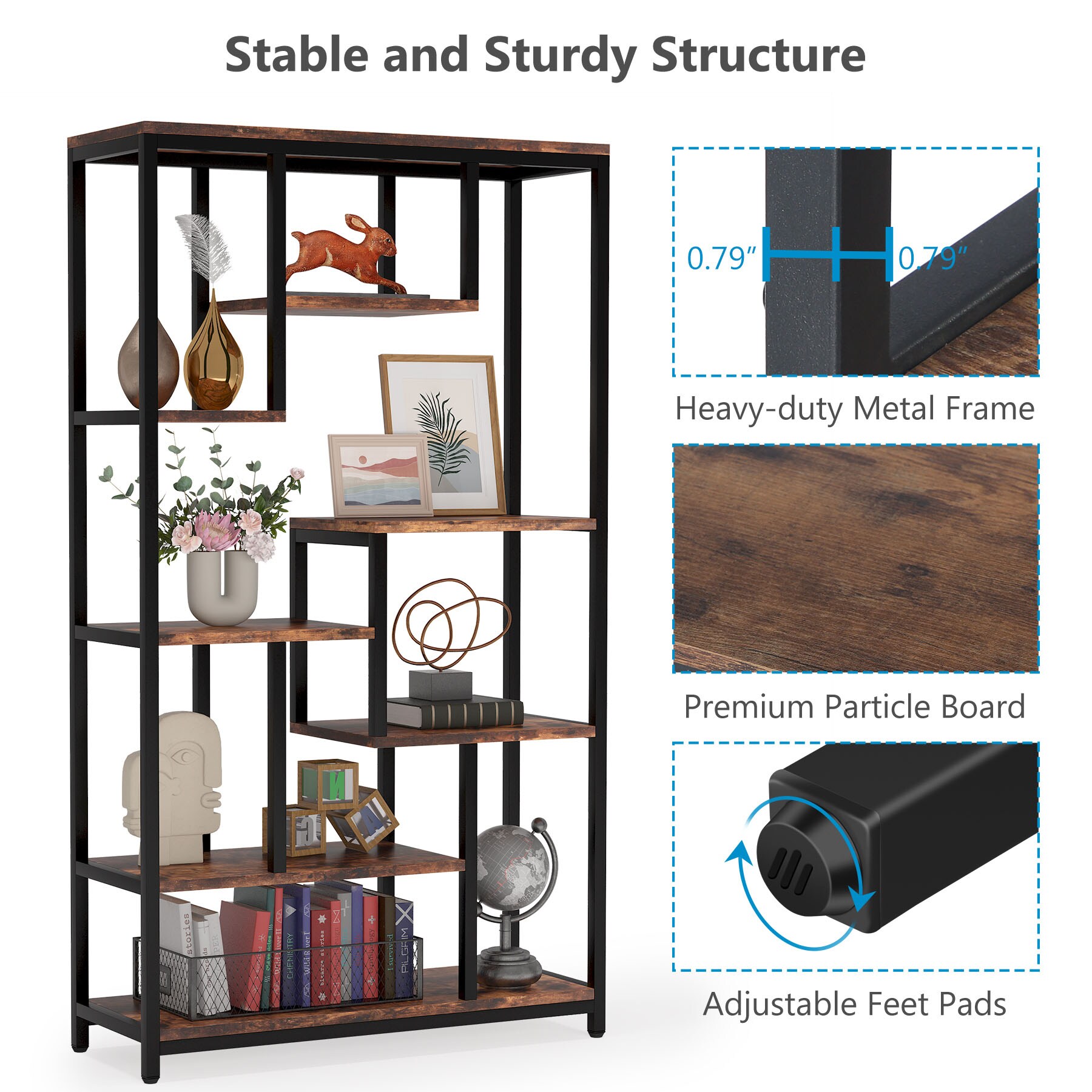 Tribesigns Brown Metal 7-Shelf Bookcase (39.37-in W X 70.87-in H X 11. ...