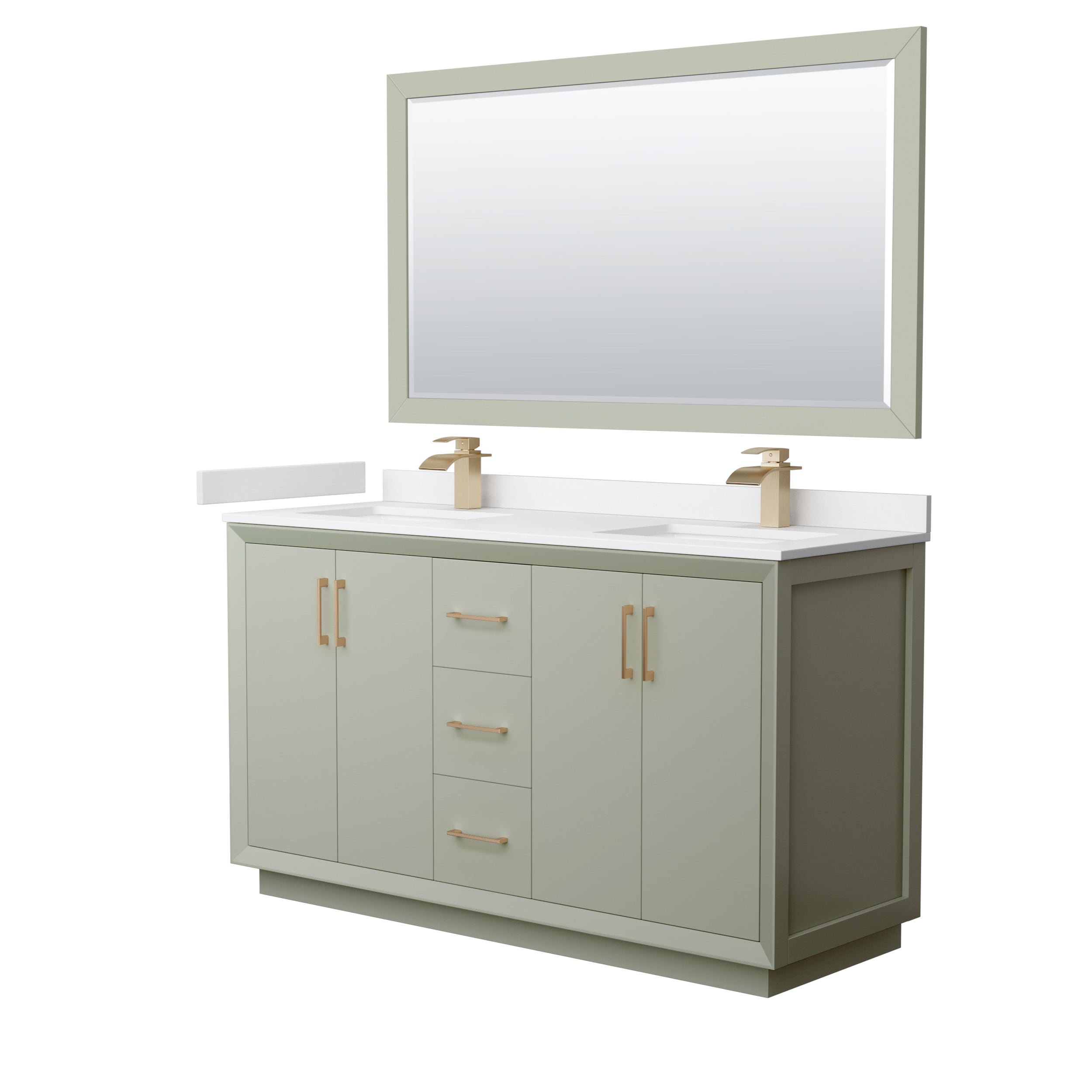 Wyndham Collection WCF414160DLZWCUNSM58 Strada 60-in Light Green with Satin Bronze Trim Undermount Double sink Bathroom Vanity with White cultured marble Cultured marble Top (Mirror Included)