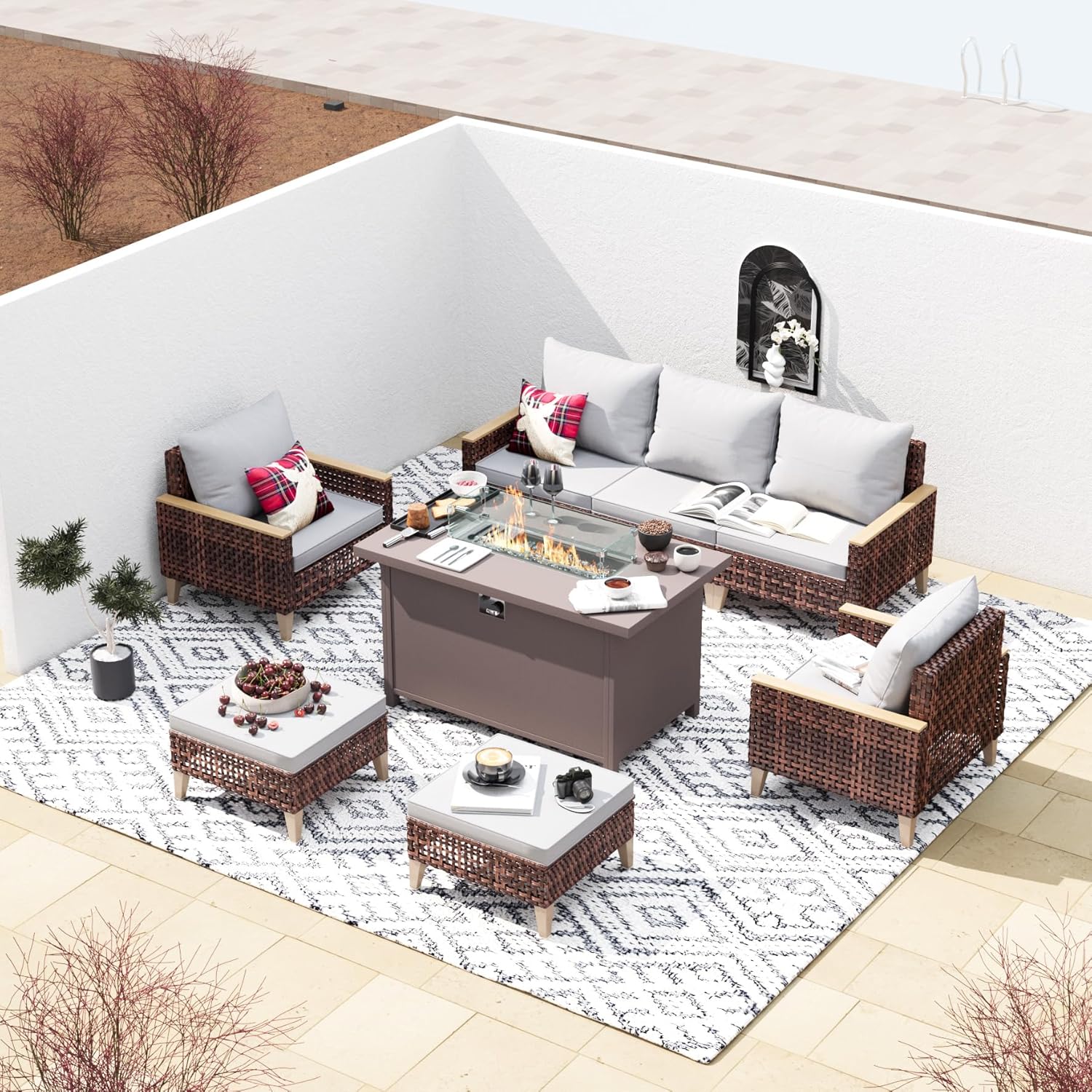 CESICIA 767-Z95 8 -Piece Wicker Patio Sofa Conversation Set with Gray Cushions