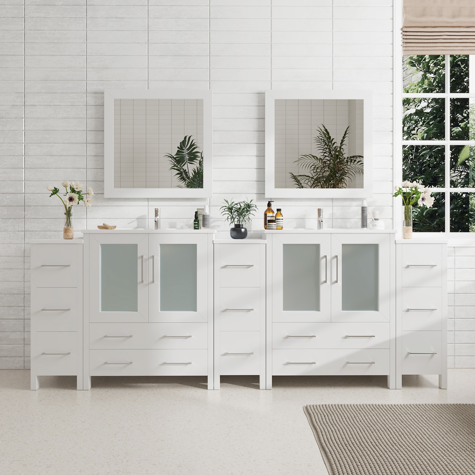 Vanity Art VA3030-96W Brescia 95-in White Undermount Double sink Bathroom Vanity with White Ceramic Top (Mirror Included)