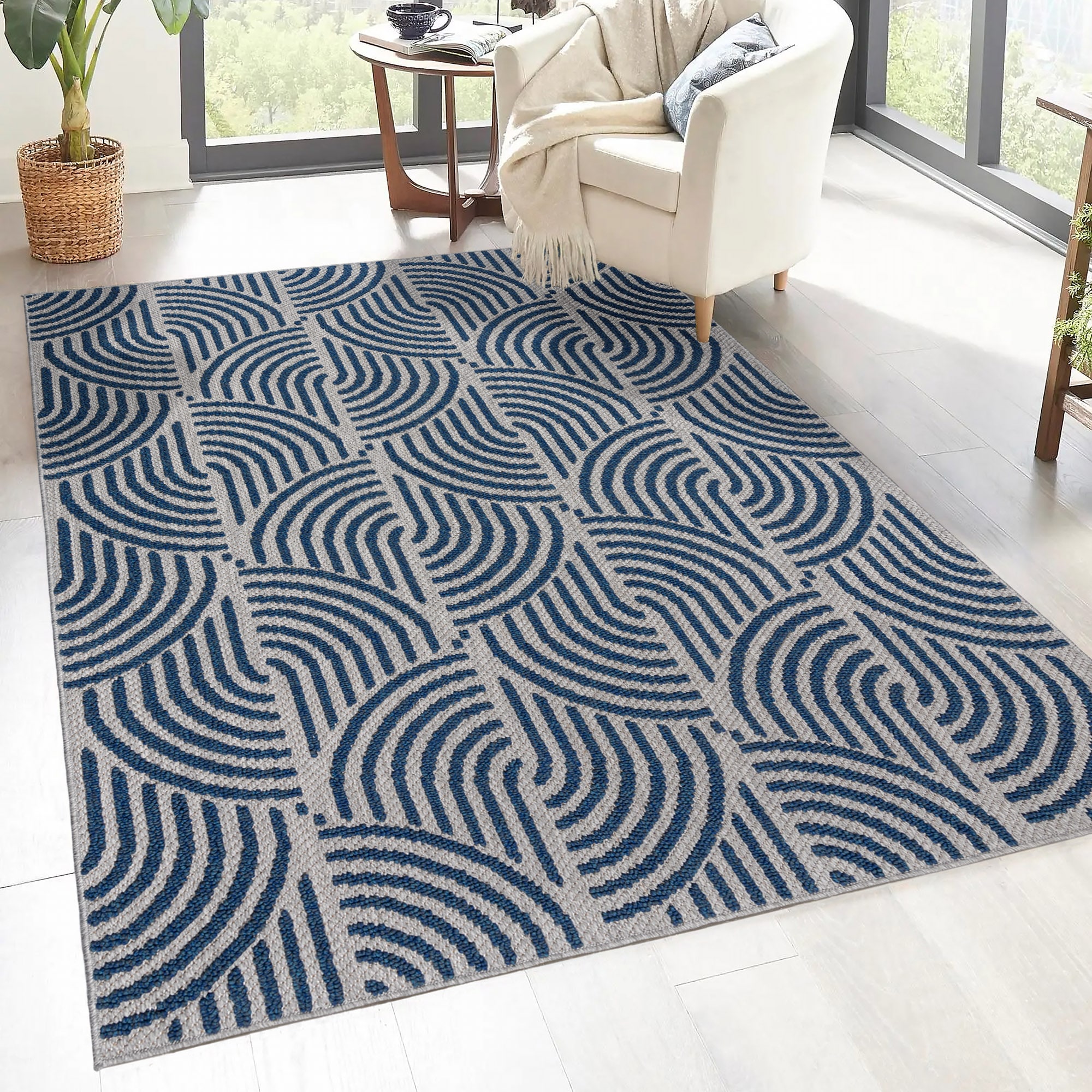 allen + roth 28217 Rounded Shores 5 x 8 (ft) Polyester Blue Gray Rectangular Indoor Geometric Area rug