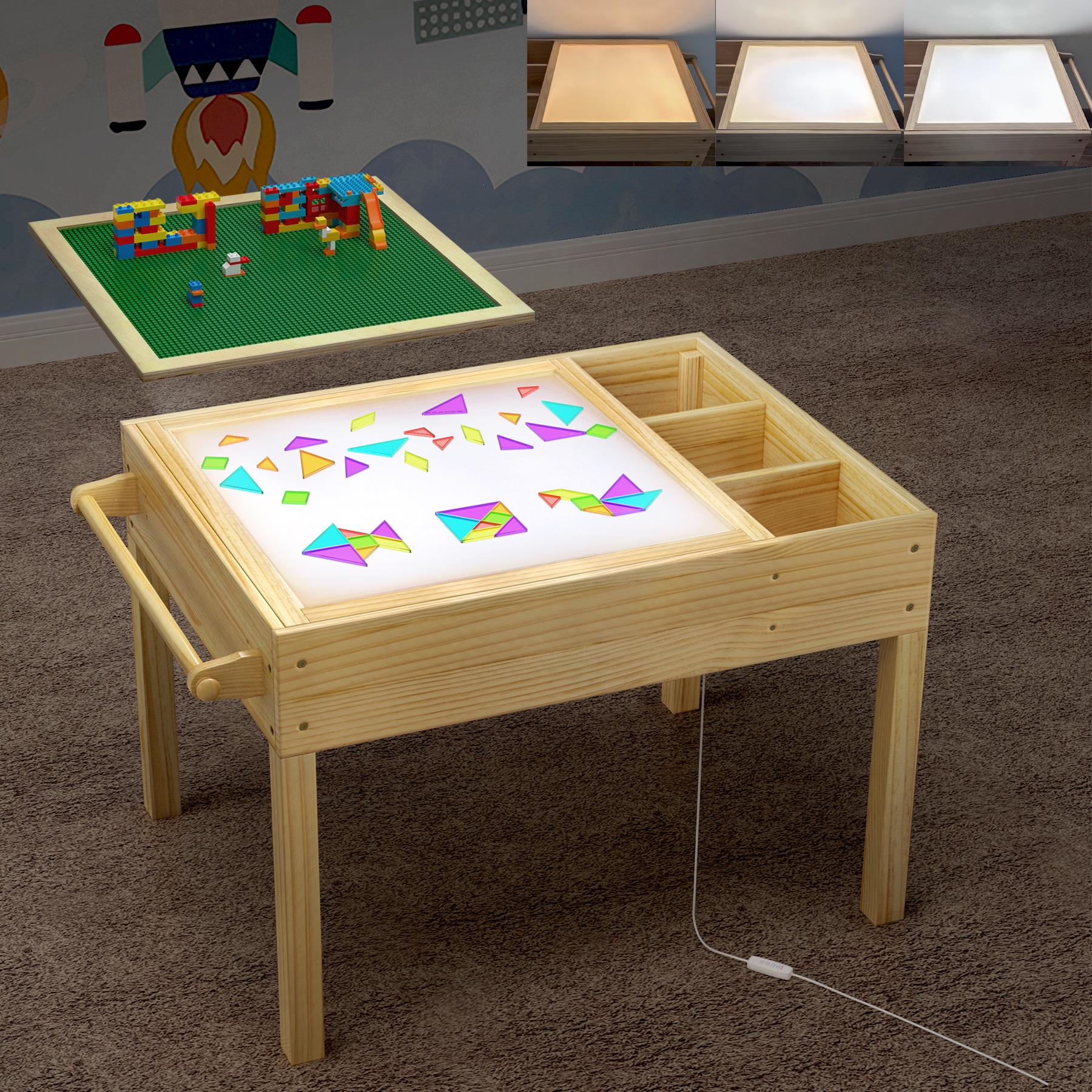 GDLF Light Table for Kids 3-in-1 Kids Activity Table with Storage LED Sensory Building Brick and Art Station with Paper Roll Holder