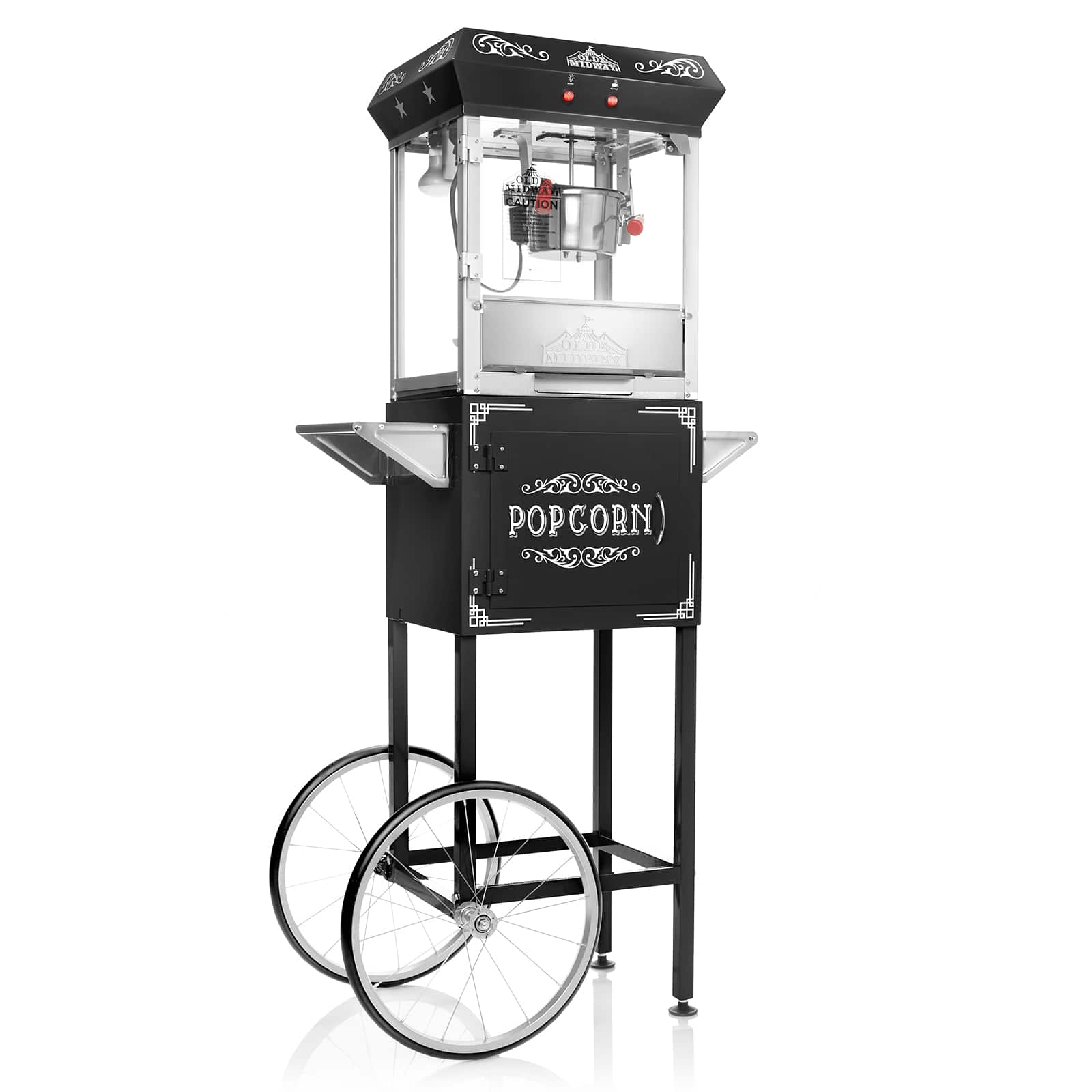 Olde Midway CON-POP-650-BLK Vintage Style Popcorn Machine Popper w/ Cart in Black - 6-oz Kettle