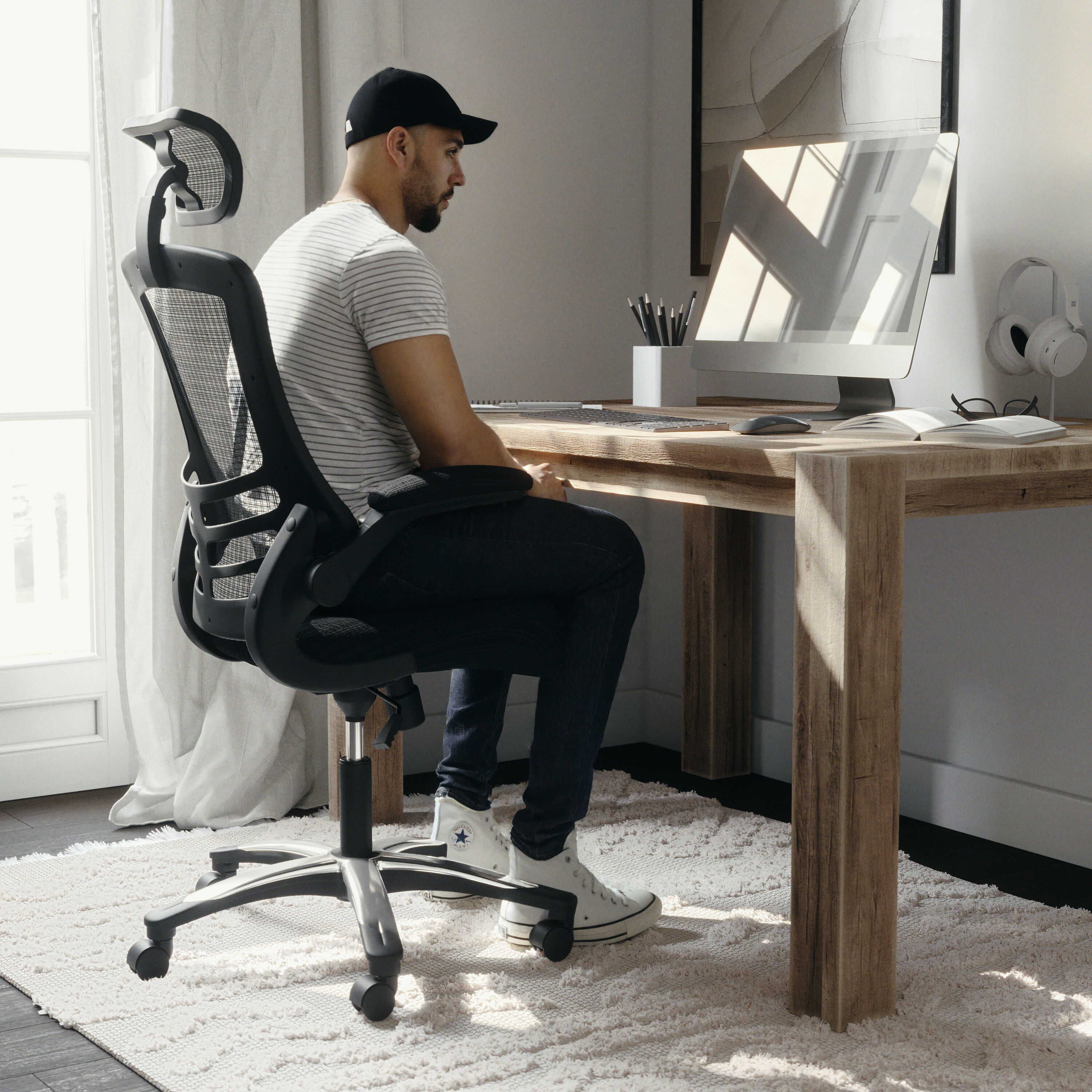High-Back Black Mesh Swivel Executive Office Chair with Adjustable Arms