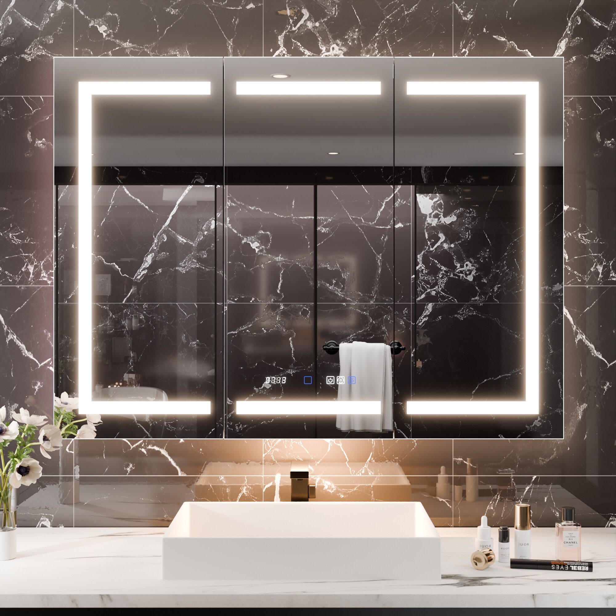 AAZJ EX11 42-in x 36-in Lighted LED Fog Free Surface/Recessed Mount Silver Mirrored Soft Close Medicine Cabinet with Outlet