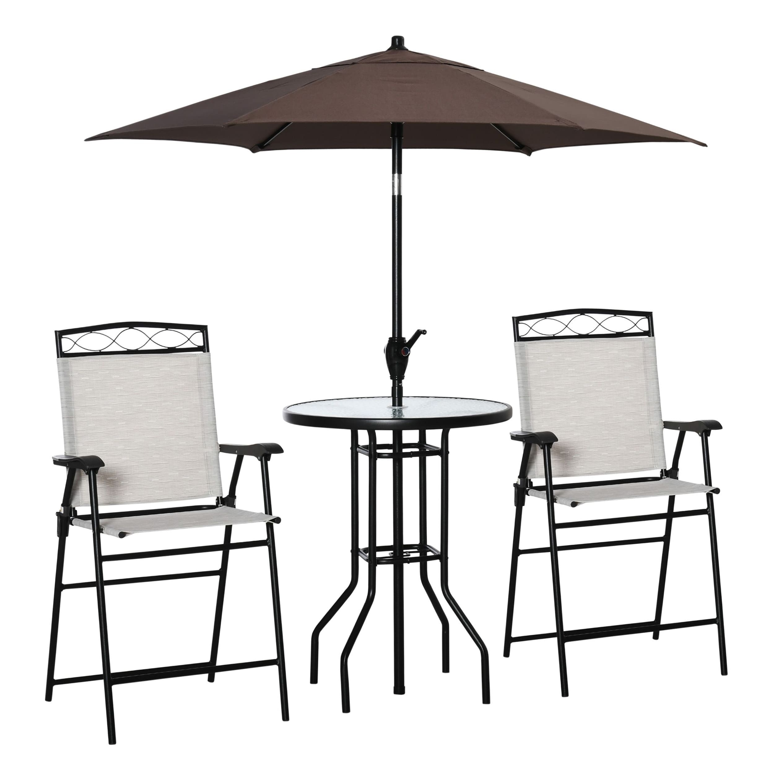 AHIOU HOME Prestige 4 -Piece Beige Bar Height Patio Dining Set Steel Round Table with 2 Stationary Chairs and Umbrella Included