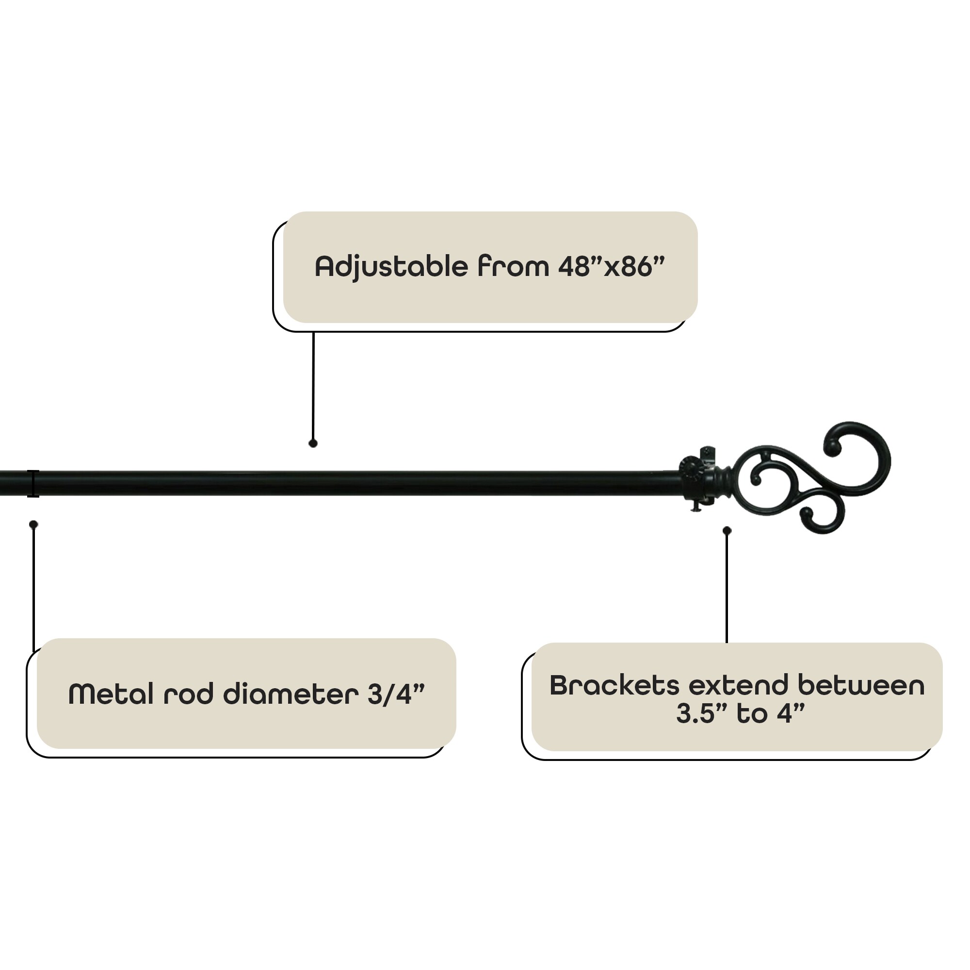 Black Scroll Decorative Curtain Rod with Finial, 48"-86"