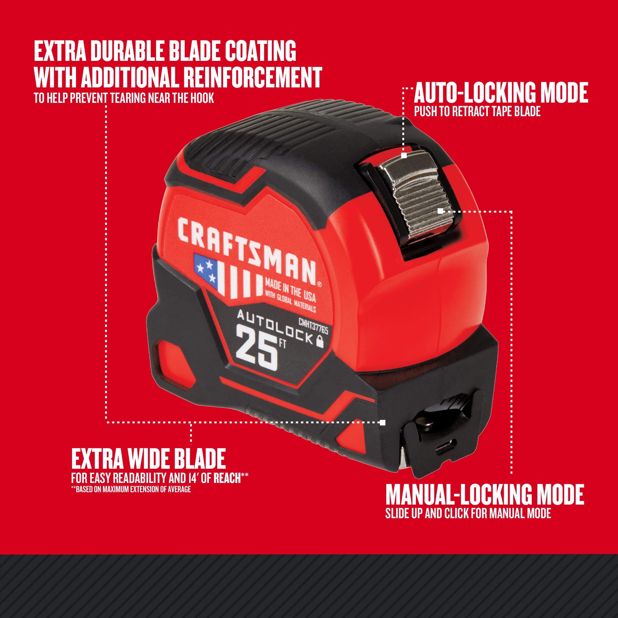 CRAFTSMAN Tape Measure, Self-Lock, 25-Foot (CMHT37225S),Red/Back