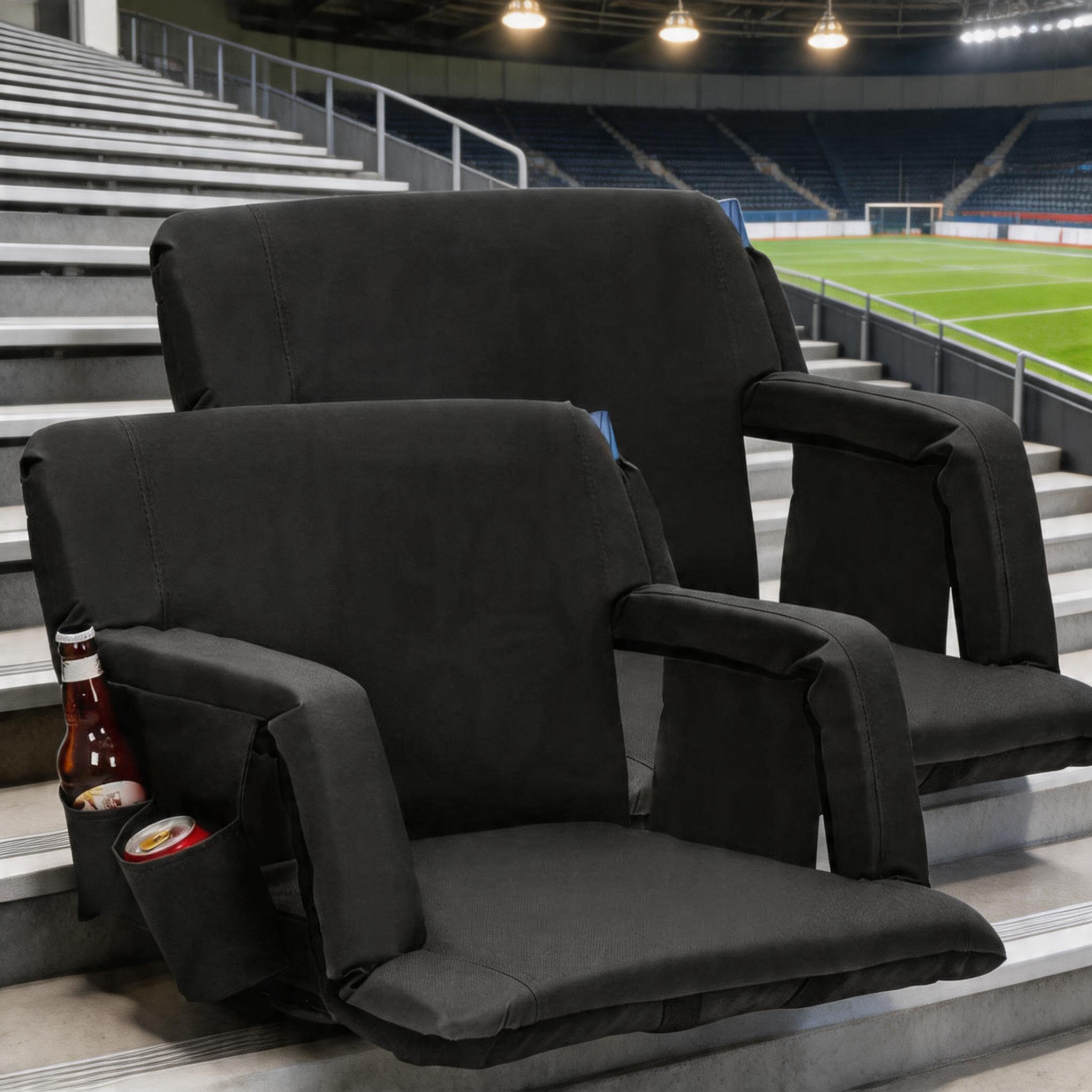 Encore Beets Black 2 Pack 24.4 In Portable Bleacher Chairs With 6 Position Adjustable Back Thick Cushion Armrests Cup Holder And Storage Pockets For Sports
