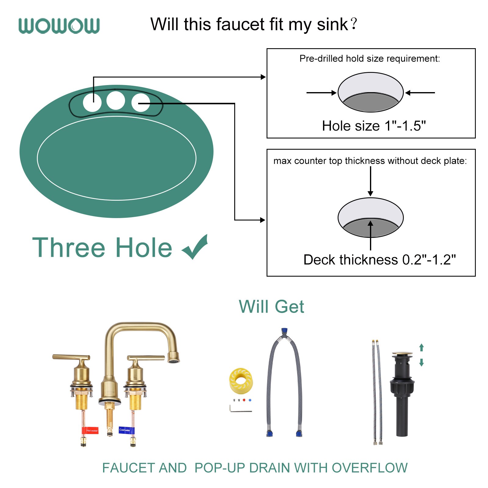 Brushed Gold Widespread 2-Handle Bathroom Faucet with Drain Assembly