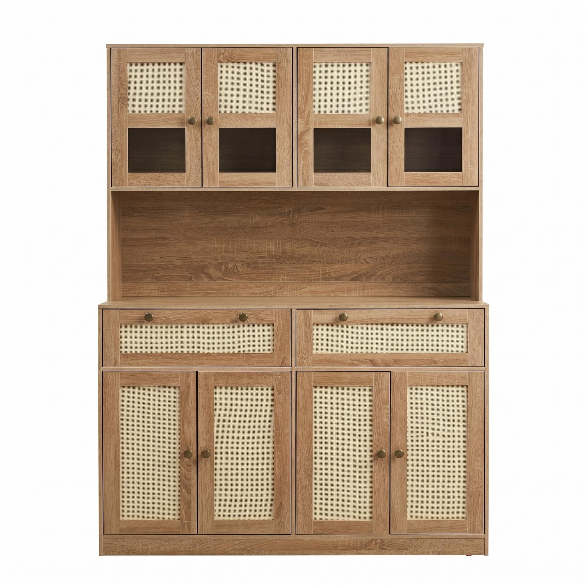 IdealHouse 47 Inch Rattan Kitchen Pantry Cabinet with Countertop - Tall Cabinet with 2 Drawers and Adjustable Shelves for Dining or Living Room - Natural Wood Color