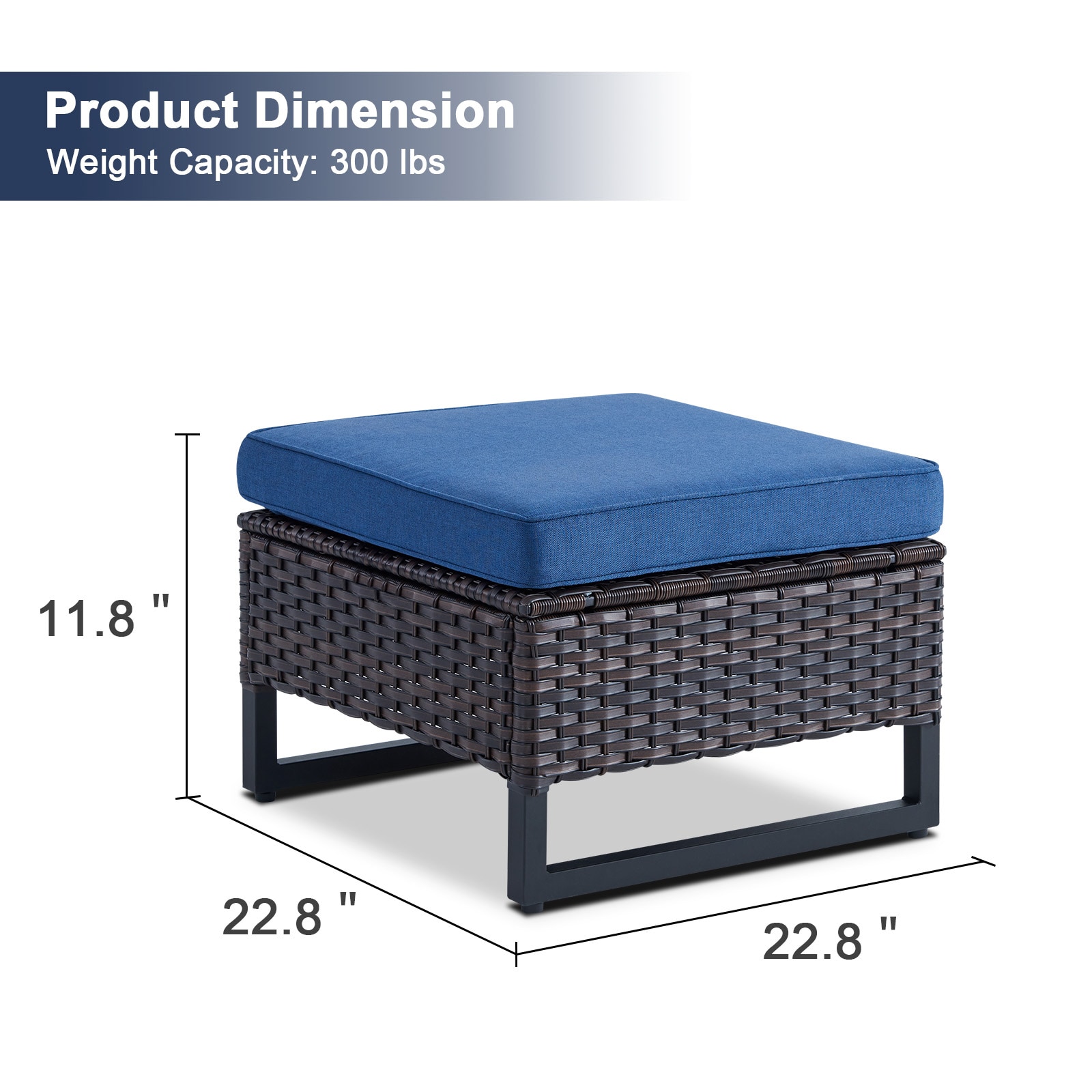 Blue Cushioned Wicker Outdoor Ottomans with Metal Frame, Set of 2