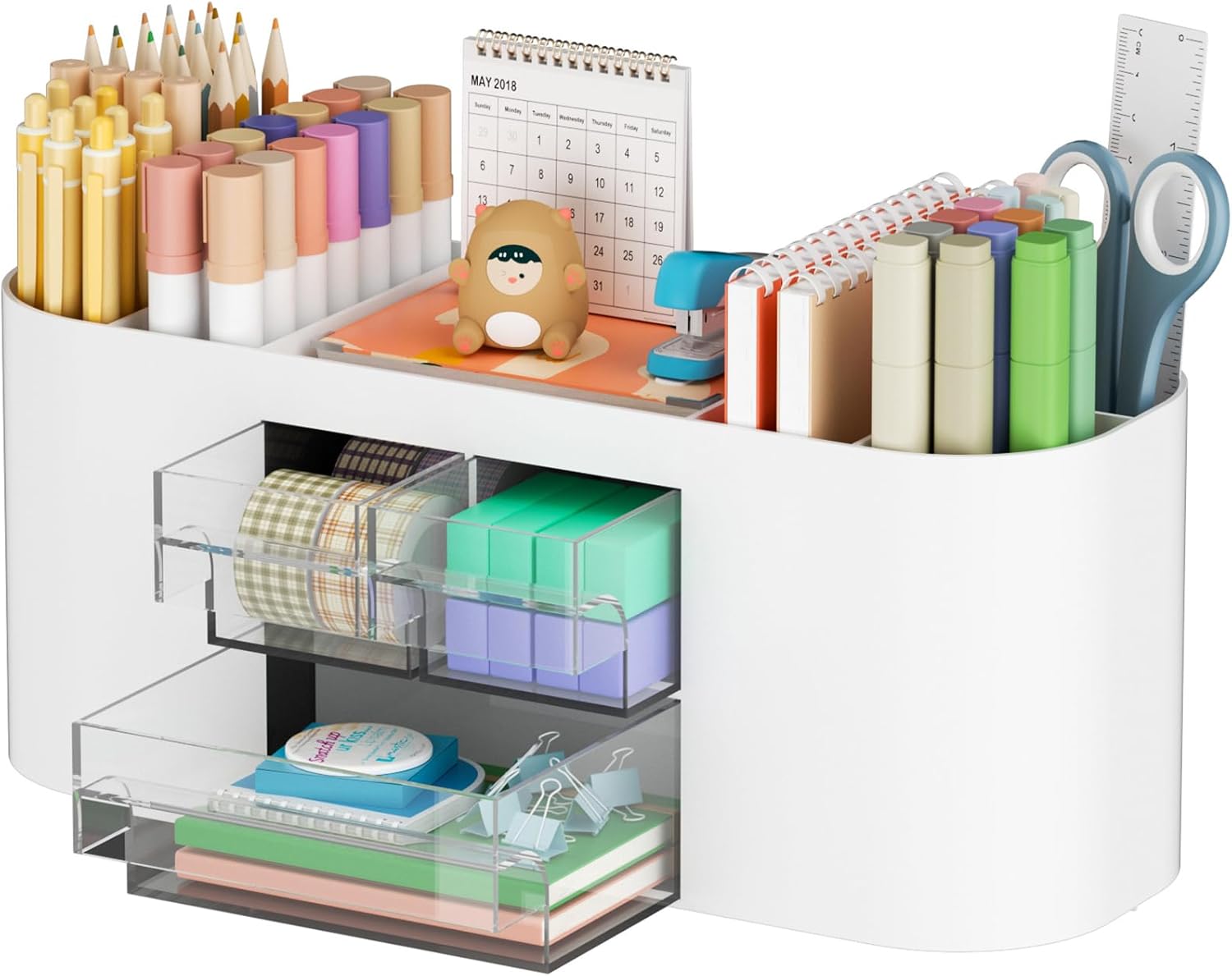 Etokfoks  White Desk Organizer 1 Piece Office Supply Caddy with 3 Transparent Drawers and 7 Compartments for Pens Pencils and Accessories