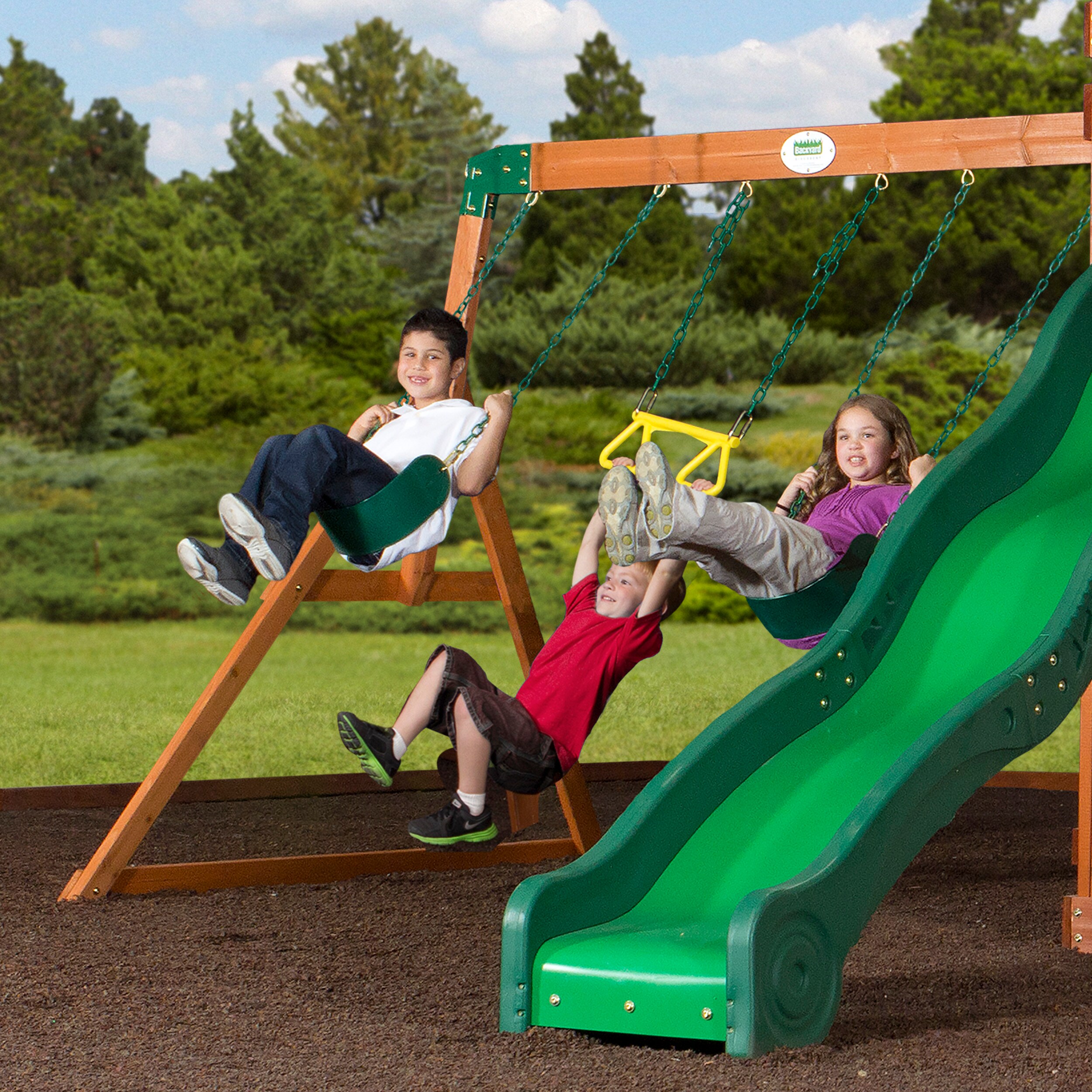 Shenandoah Cedar Wood Swing Set with Green Slide and Playhouse