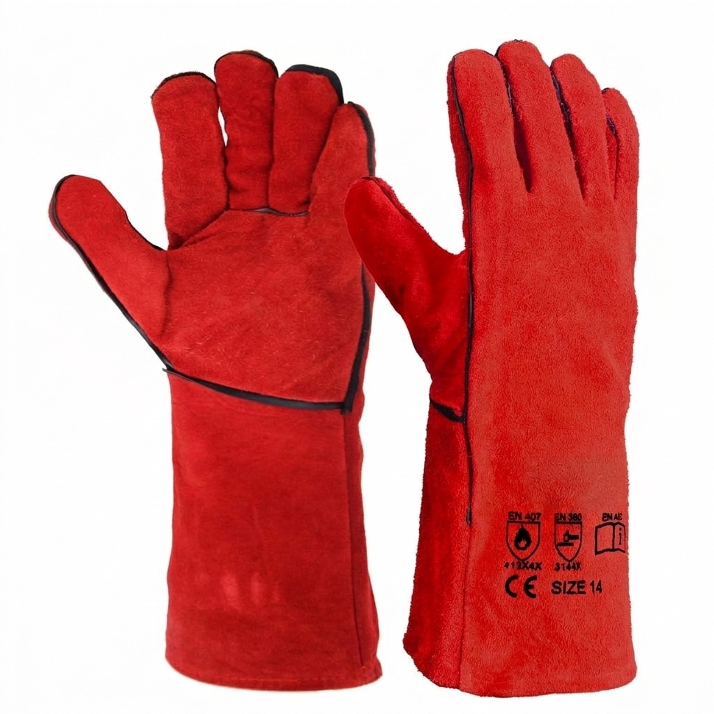 Oyezvary  Welding Gloves 14 Inch Heat Resistant Leather for Mig Tig Stick Forge BBQ Grill Fireplace Wood Stove Oven Red 1 Pair Cotton Lined