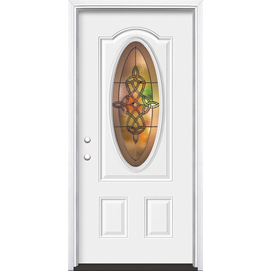 Masonite 740988 Dylan 36-in x 80-in Steel Oval Lite Right-Hand Inswing Primed Prehung Front Door with Brickmould Insulating Core