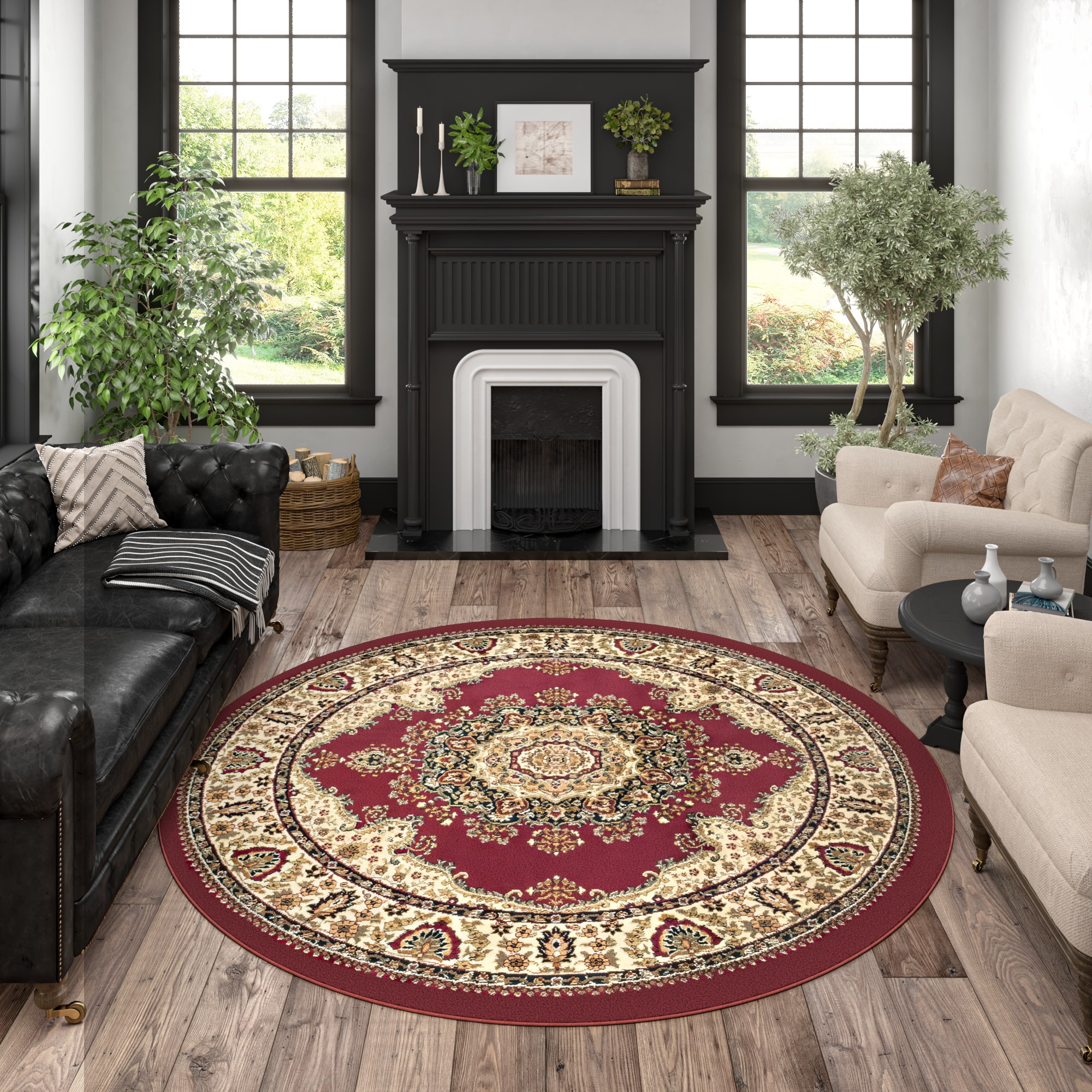 Tayse SNS4700 6RND Sensation 6 x 6 (ft) Loomed Polypropylene Red Round Indoor Floral/Botanical Oriental Area rug