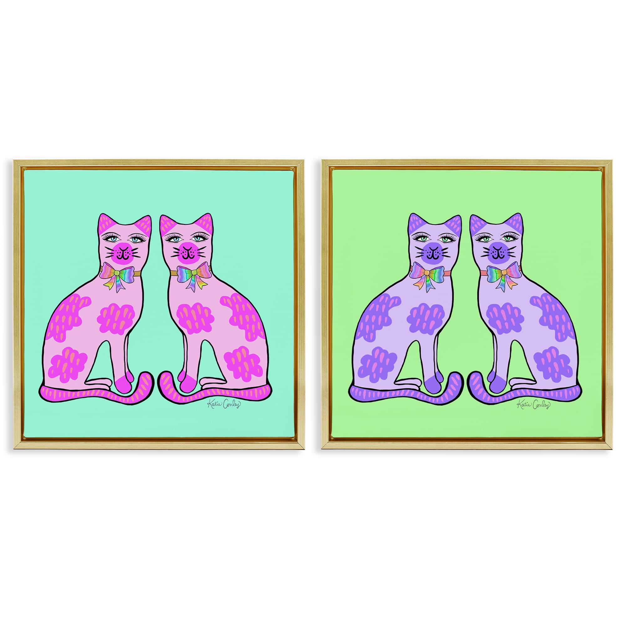 Stupell Industries B2-794-FFG-2PC-24X24 Bright Purple Cat Pairs 2 Piece Gold Framed Floater Canvas Set By Katie Conley 25 x 25