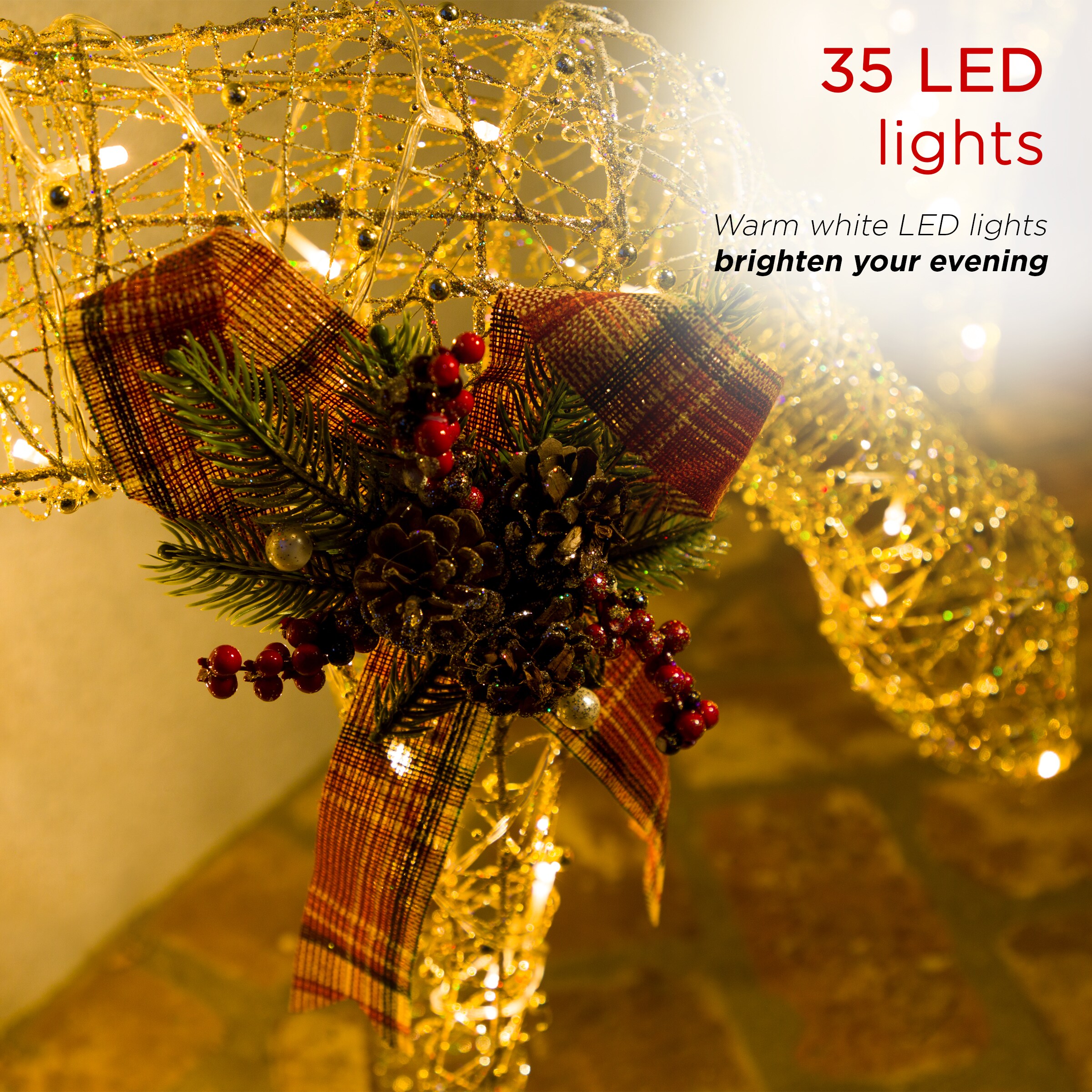 Gold Mesh Reindeer with LED Lights and Festive Bow