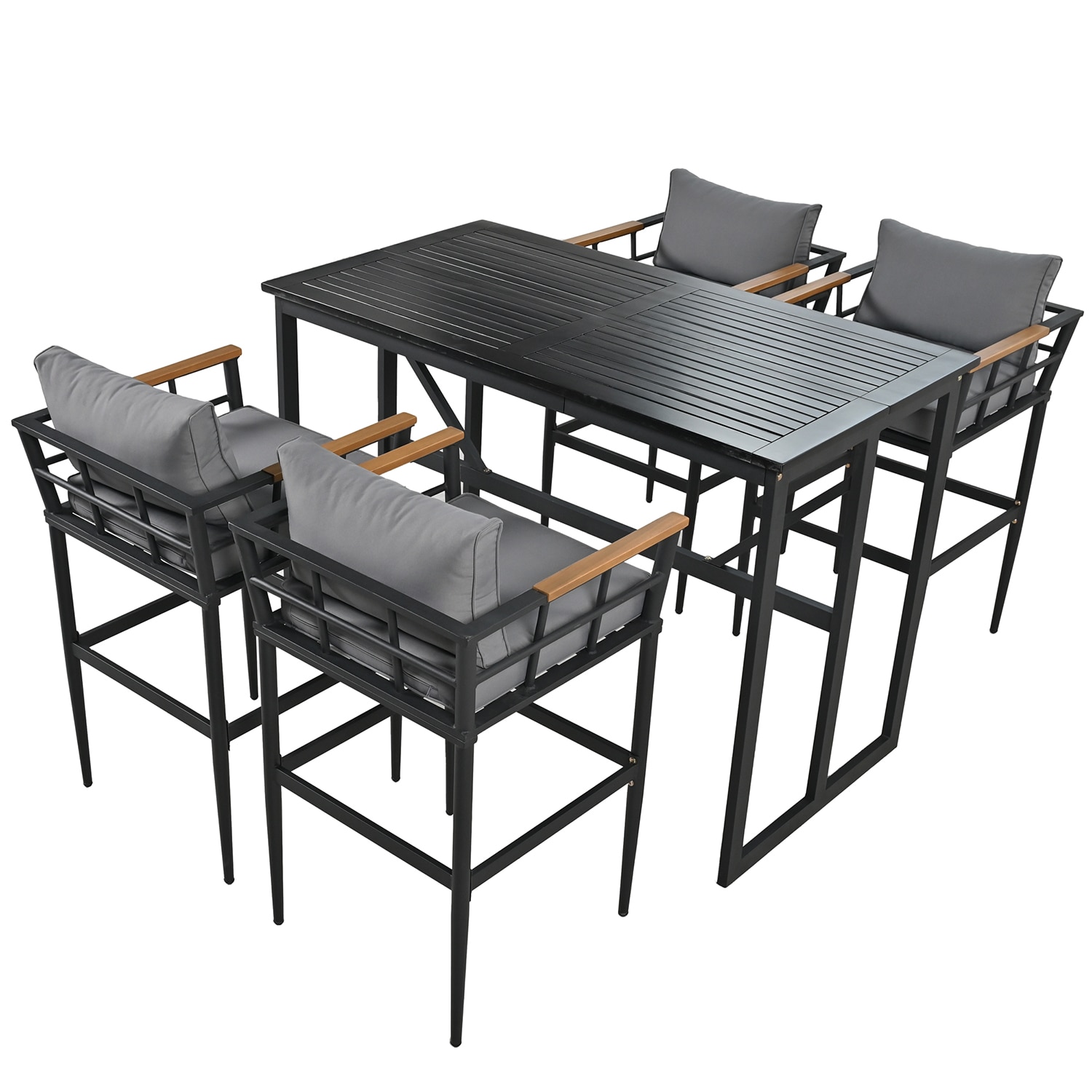 SINOFURN SYA020120GY 5-Piece Black Bar Height Patio Dining Set Steel Rectangle Table with 4 Gray Cushions Stationary Chairs