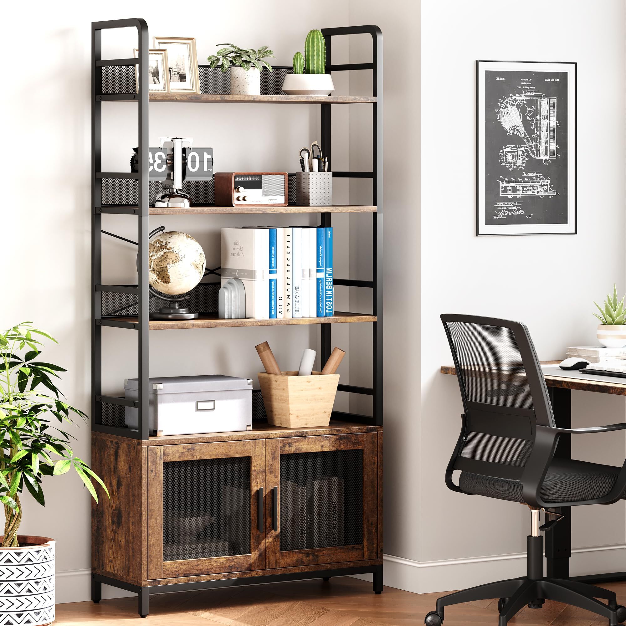 GarveeLife Industrial Rustic Bookshelf with Mesh Doors 70 Inch Tall 5 ...