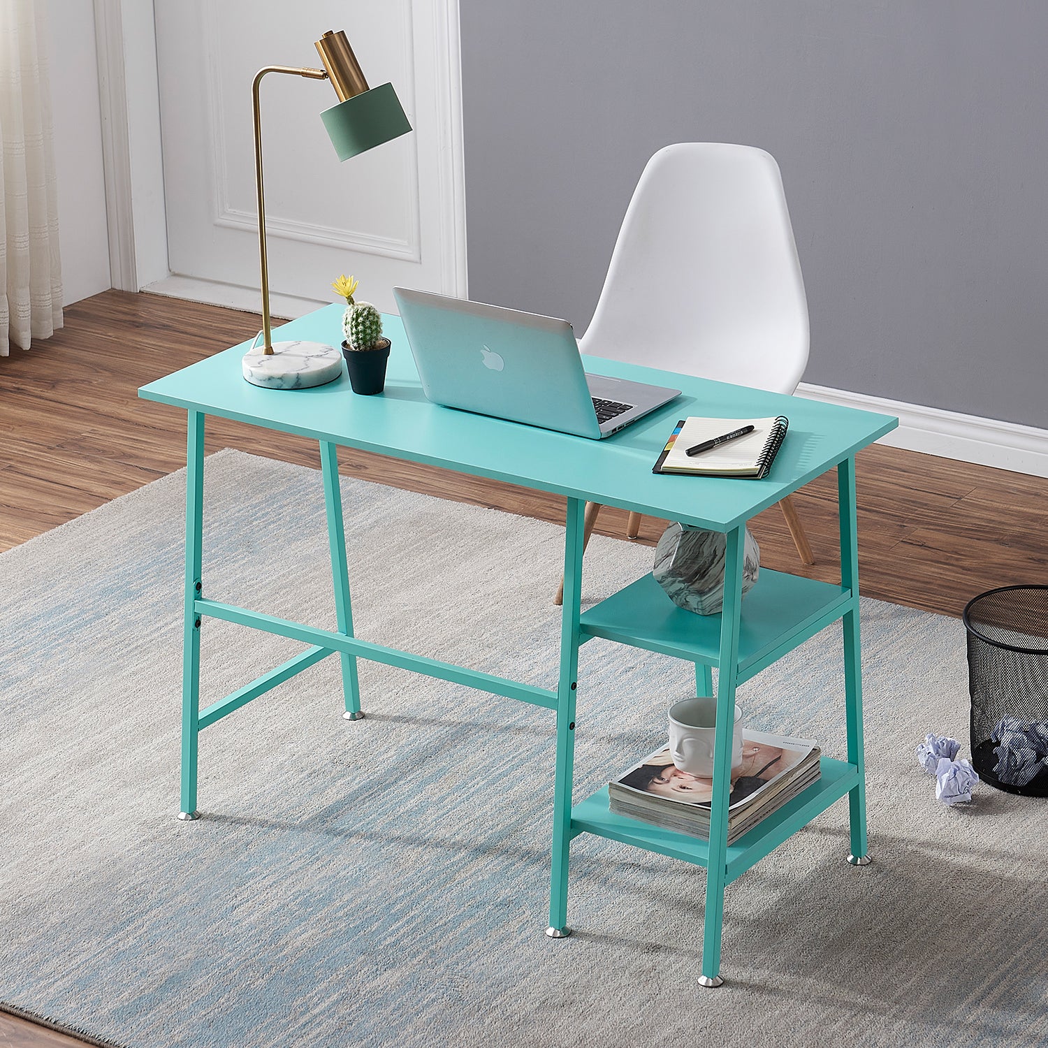 Vecelo LOE-DC-CD01-BLU 43 Inch Computer Desk with Storage Shelves Home Office Writing Desk Study Table for Small Space