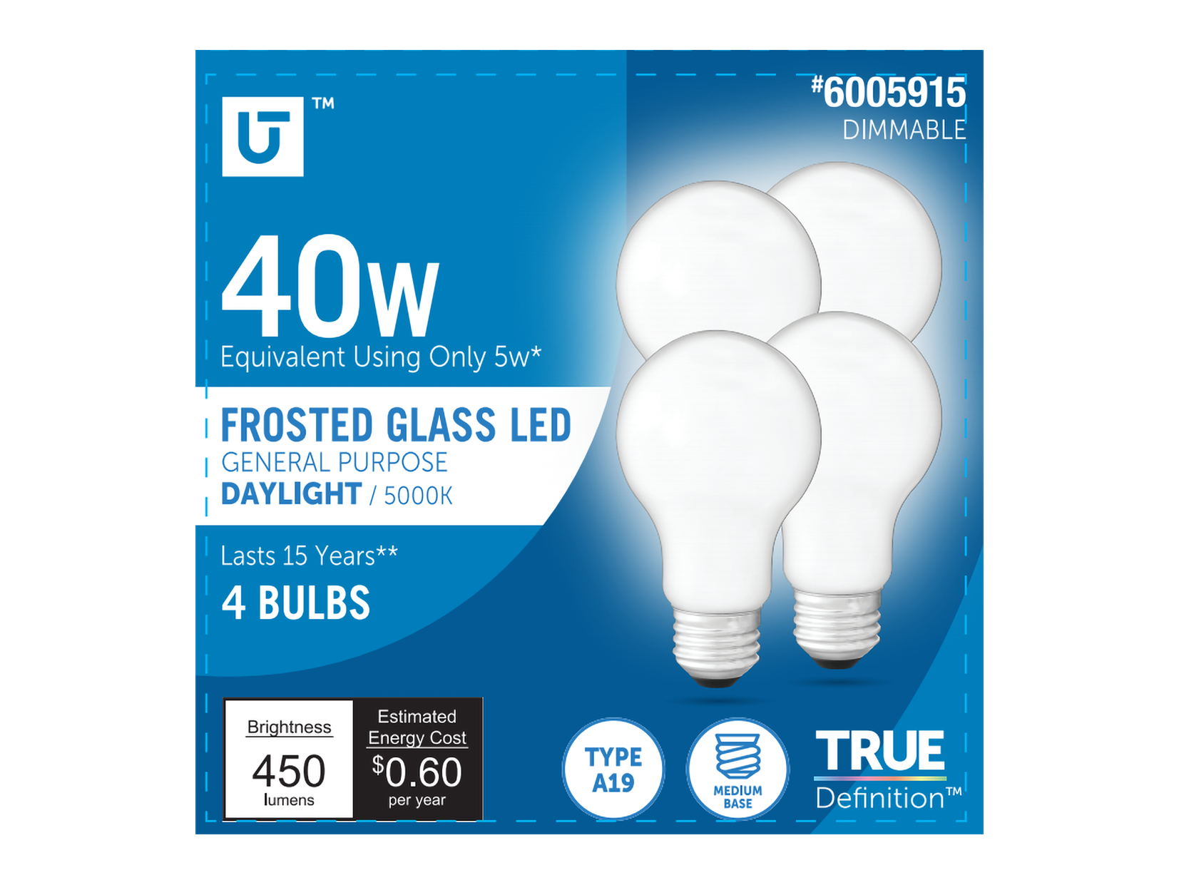 Utilitech 3A19DG5WOP50K4P 40 -Watt EQ A19 Daylight E26 Dimmable LED General purpose Light Bulb 4 -Pack