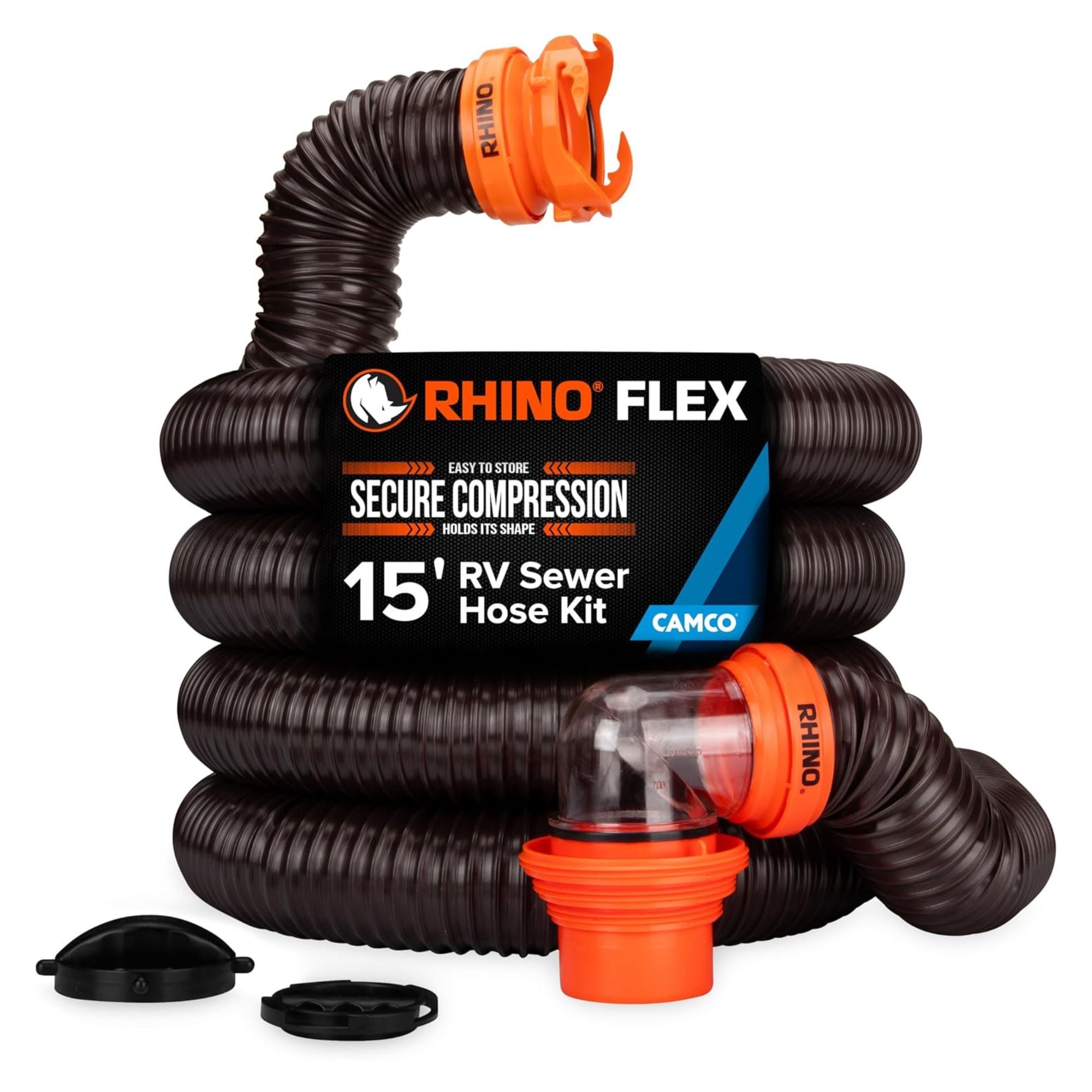 CAMCO - RhinoFLEX 15 Ft RV Sewer Hose Kit with Clear Elbow and 4-in-1 Adapter