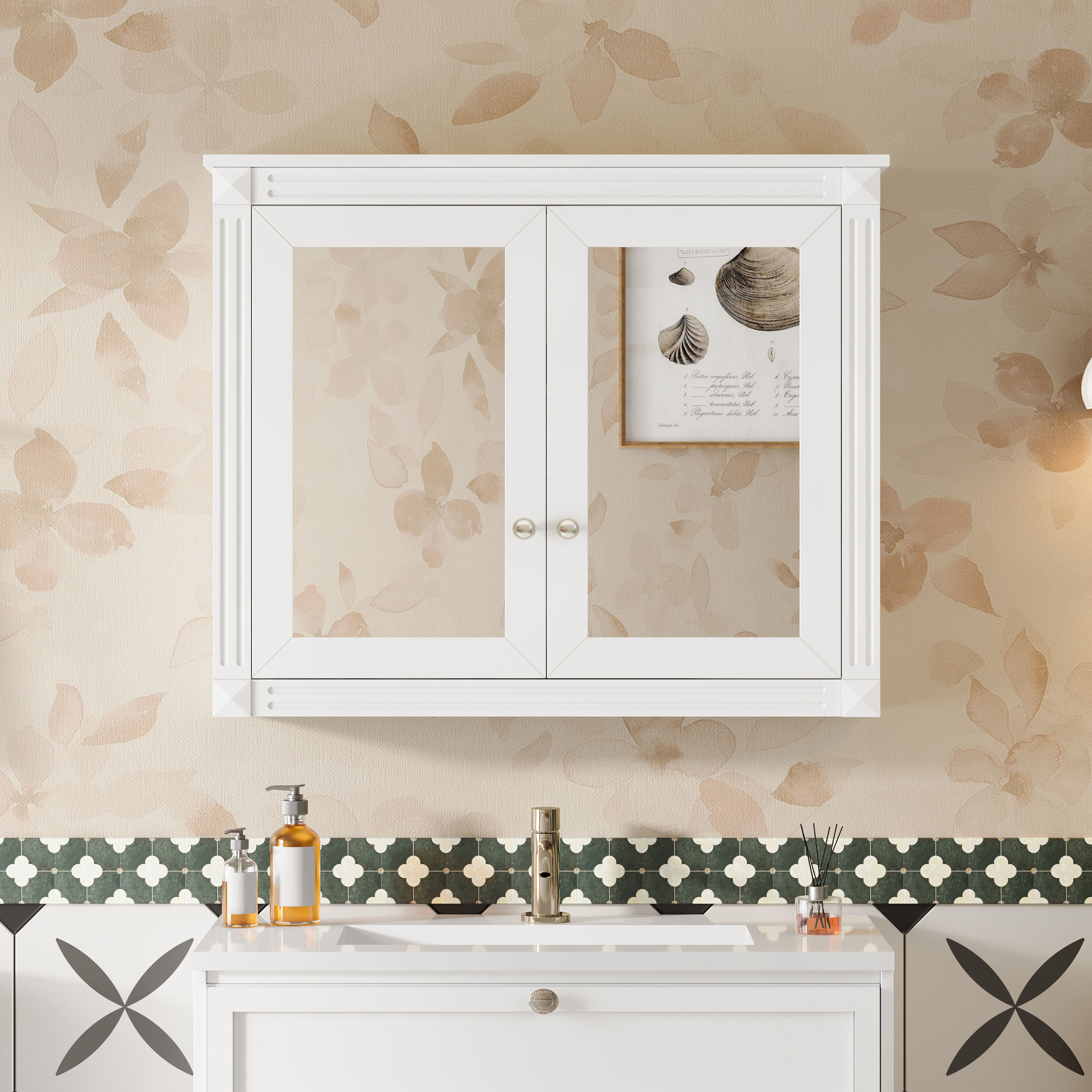 GDFStudio Oakspire 36 in. Wall Mounted Mirror Cabinet with Double Doors and Adjustable Storage - White (Not Include Bathroom Vanity)