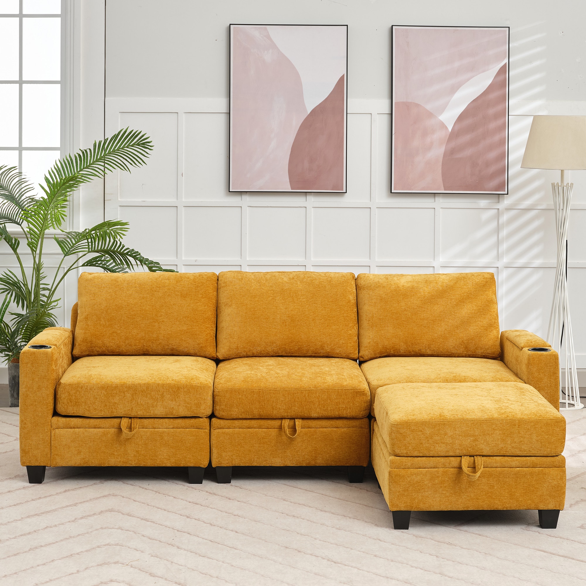 JEAREY 10FXBRT+LED-RD Chenille Storage Sofa 91-in Casual Yellow Chenille 4 -seater Sectional