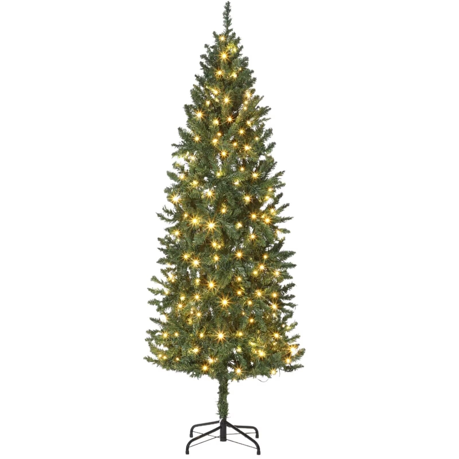 Qeetex JXNAG-PHK-34YLYKCN 6 FT Pre-Lit Pencil Christmas Tree with 250 Color Changing LED Lights 566 Branch Tips and Metal Stand for Home Office Party Holiday Decoration