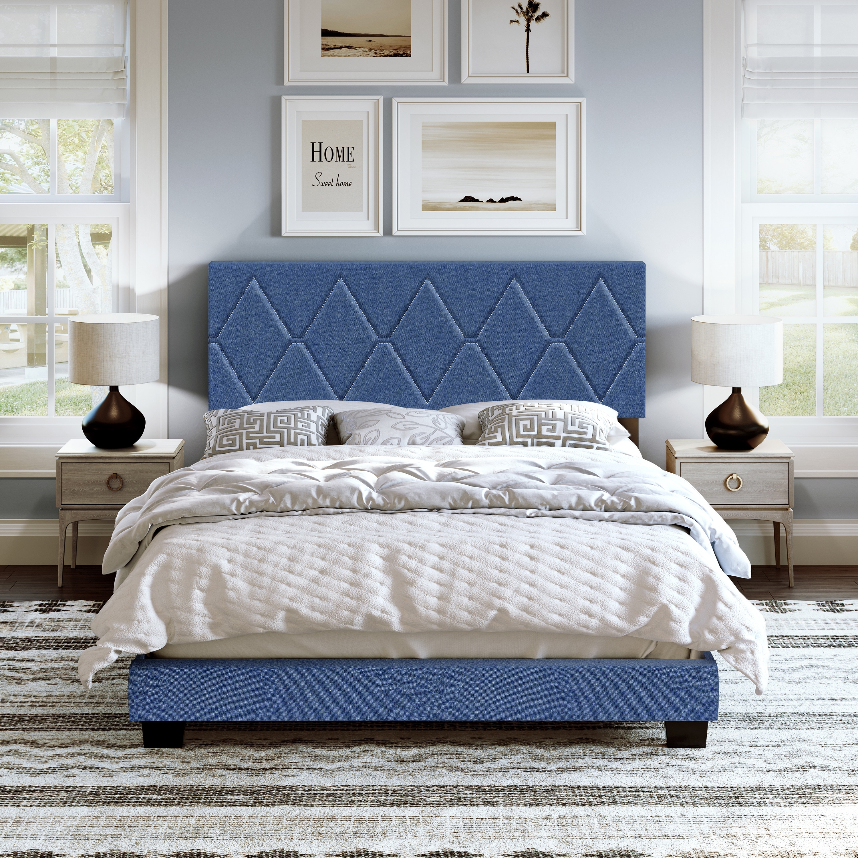 Boyd Sleep HC204705102 Diamond Linen Upholstered Platform Bed Frame with Headboard- Sturdy 4 Slat wood Support System- Requires Box Spring or Foundation
