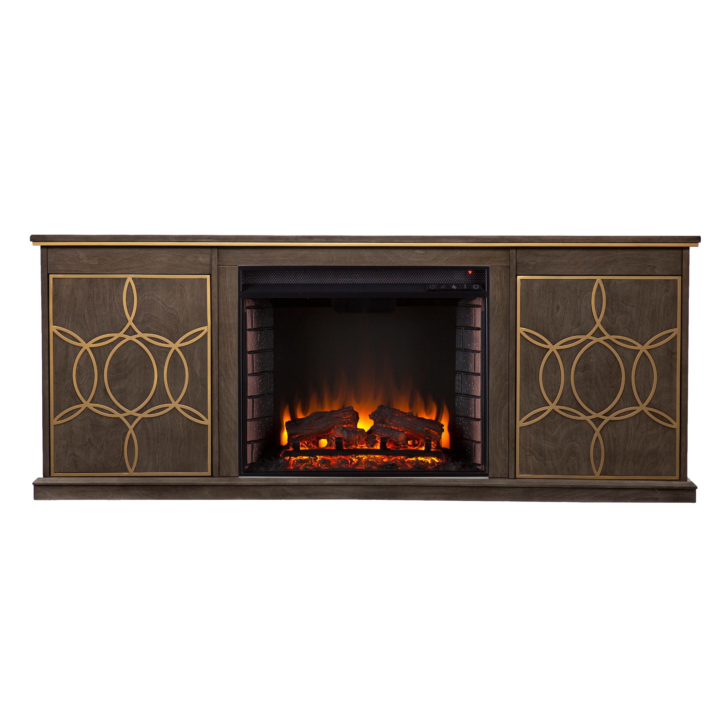 Southern Enterprises FE1137356 60.75-Inches W Brown and gold TV Stand with Fan-forced Flat wall Electric Fireplace with Remote Control Included
