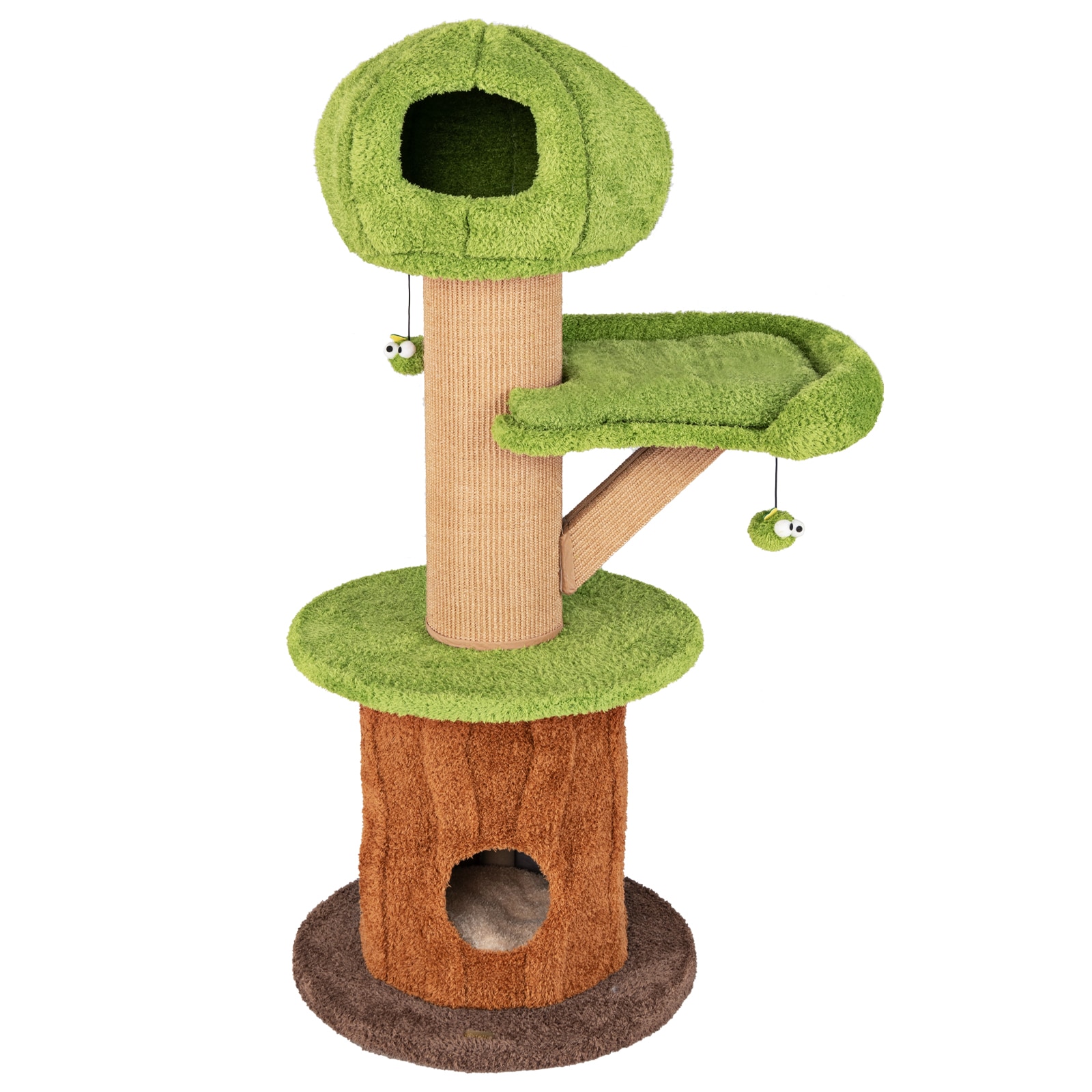 Slickblue Playful Cat Condo – 58 x 24-Inch Brown Green and Natural Peach Skin Cat Tower with Dual Hideaways and Hanging Toys for Indoor Use