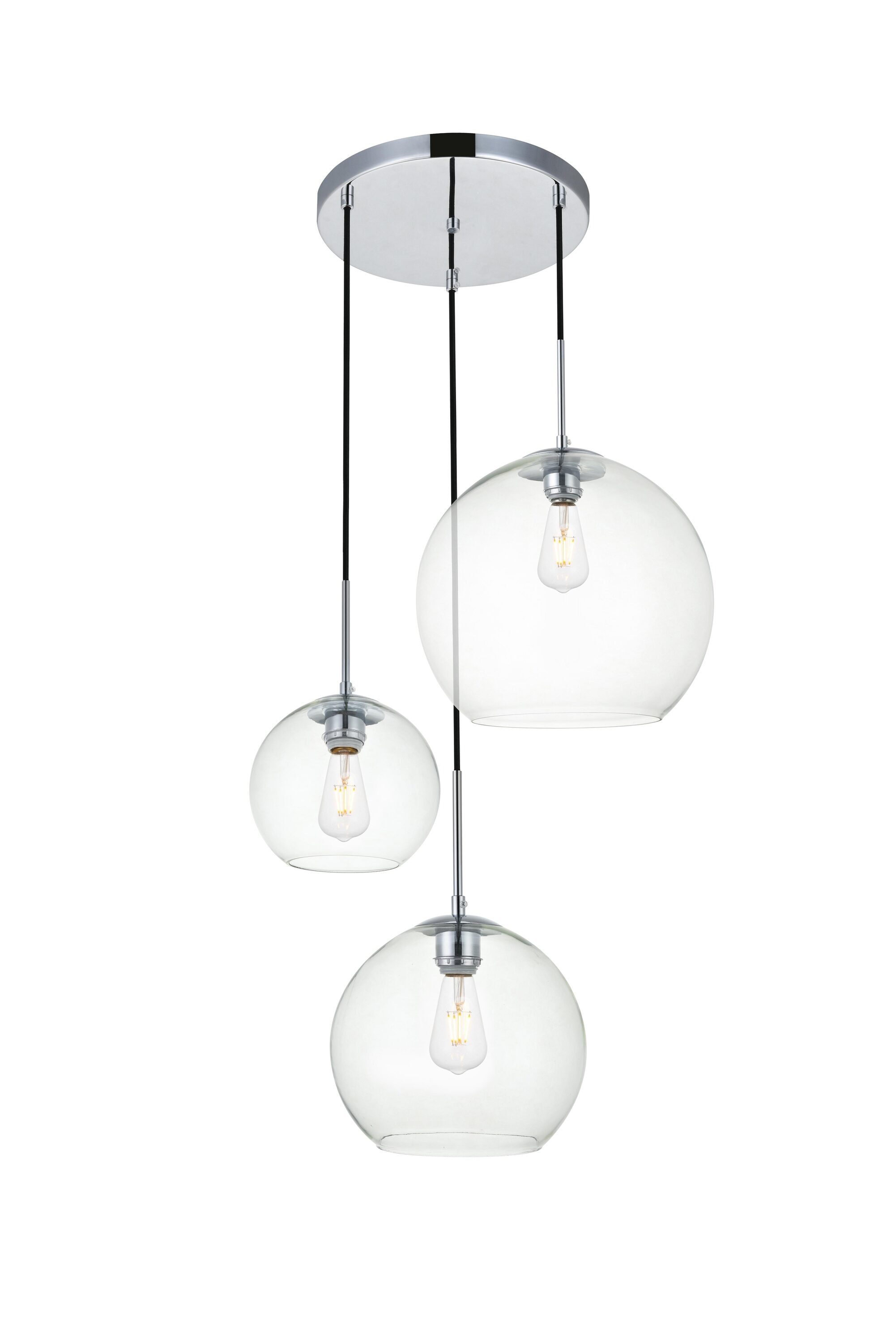 Elegant Decor Home Furnishing 3 -Light Chrome Mid-century Clear glass Globe Large Hanging Pendant Light