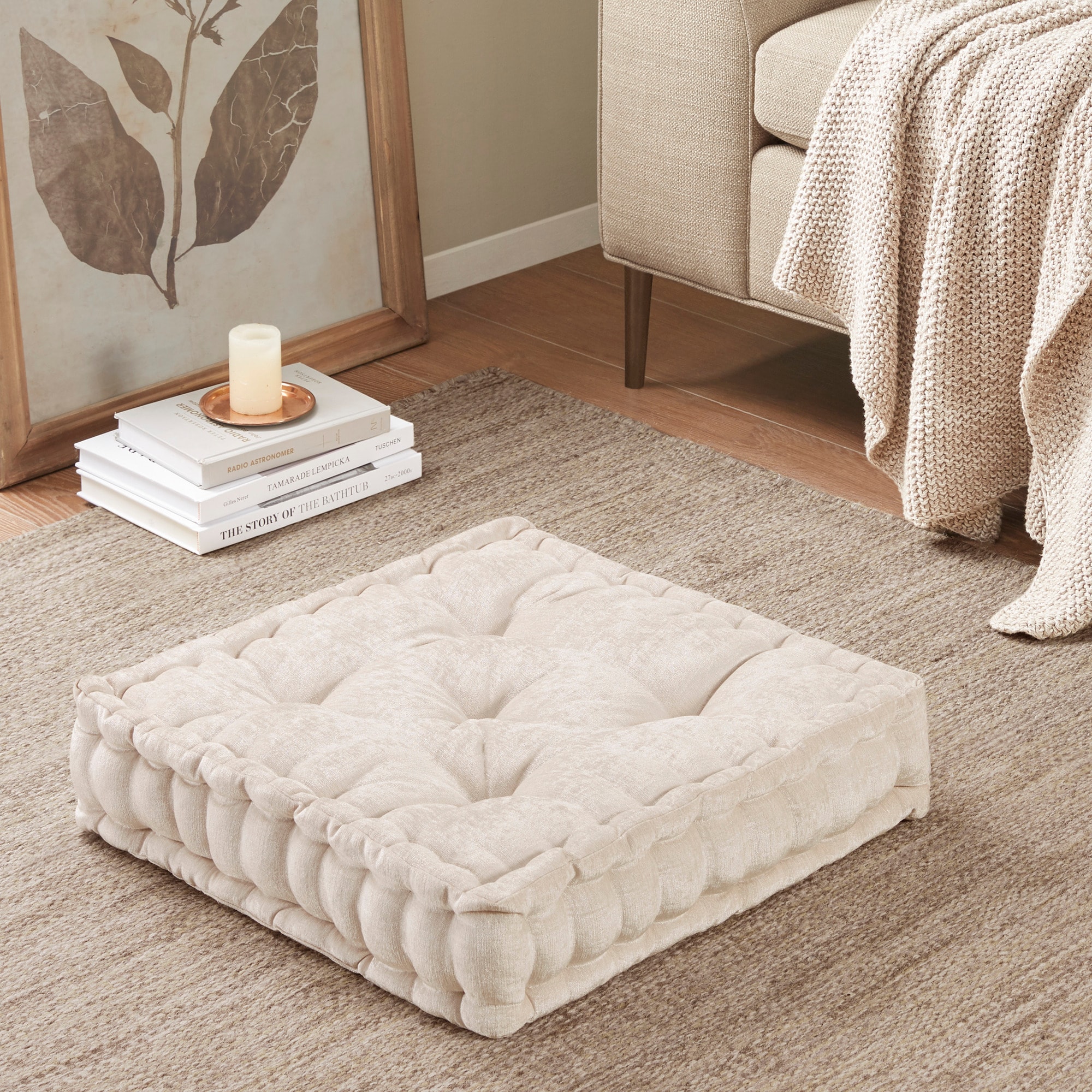 Roomfitters  20x20 Inch Chenille Square Floor Pillow Cushion Tufted Thick Floor Seating for Living Room Bedroom Ivory