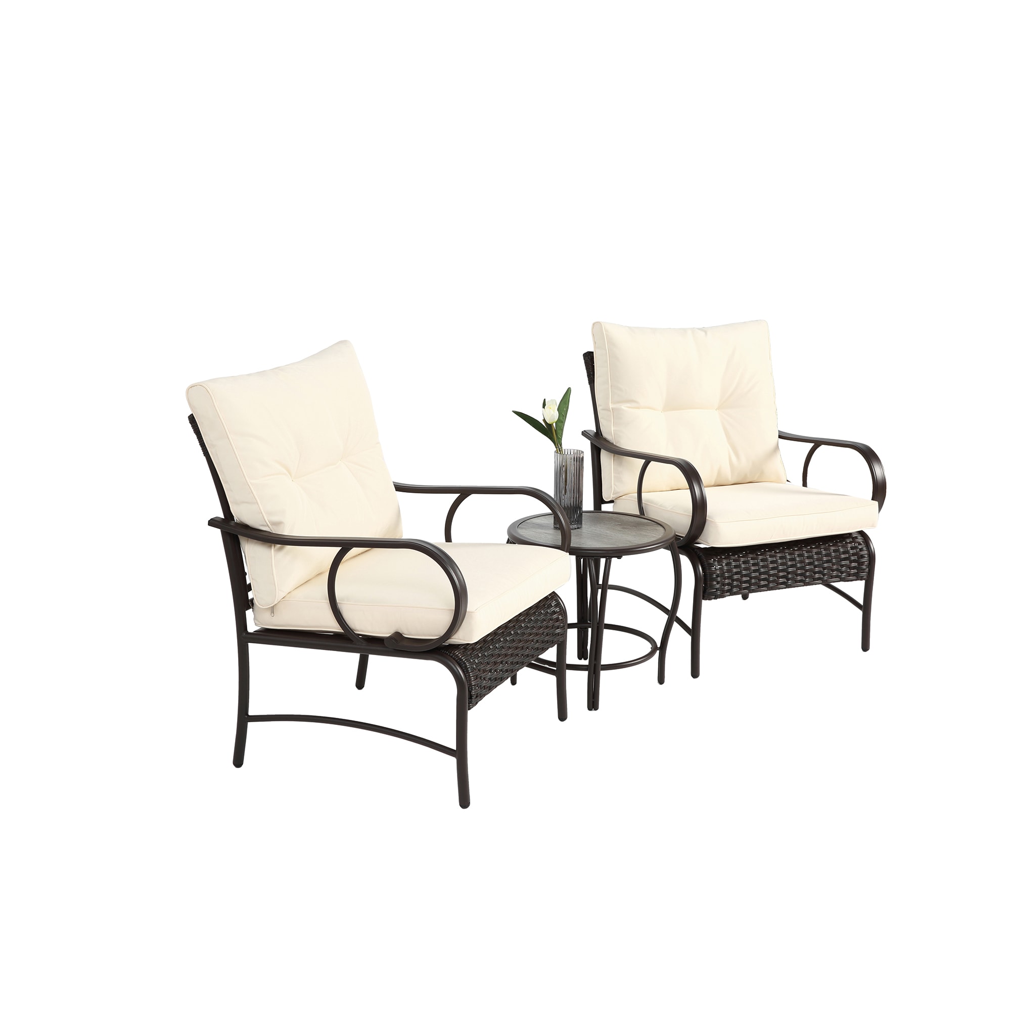 Bybafun YB0600063 3 -Piece Rattan Patio Conversation Set with Off-white Cushions