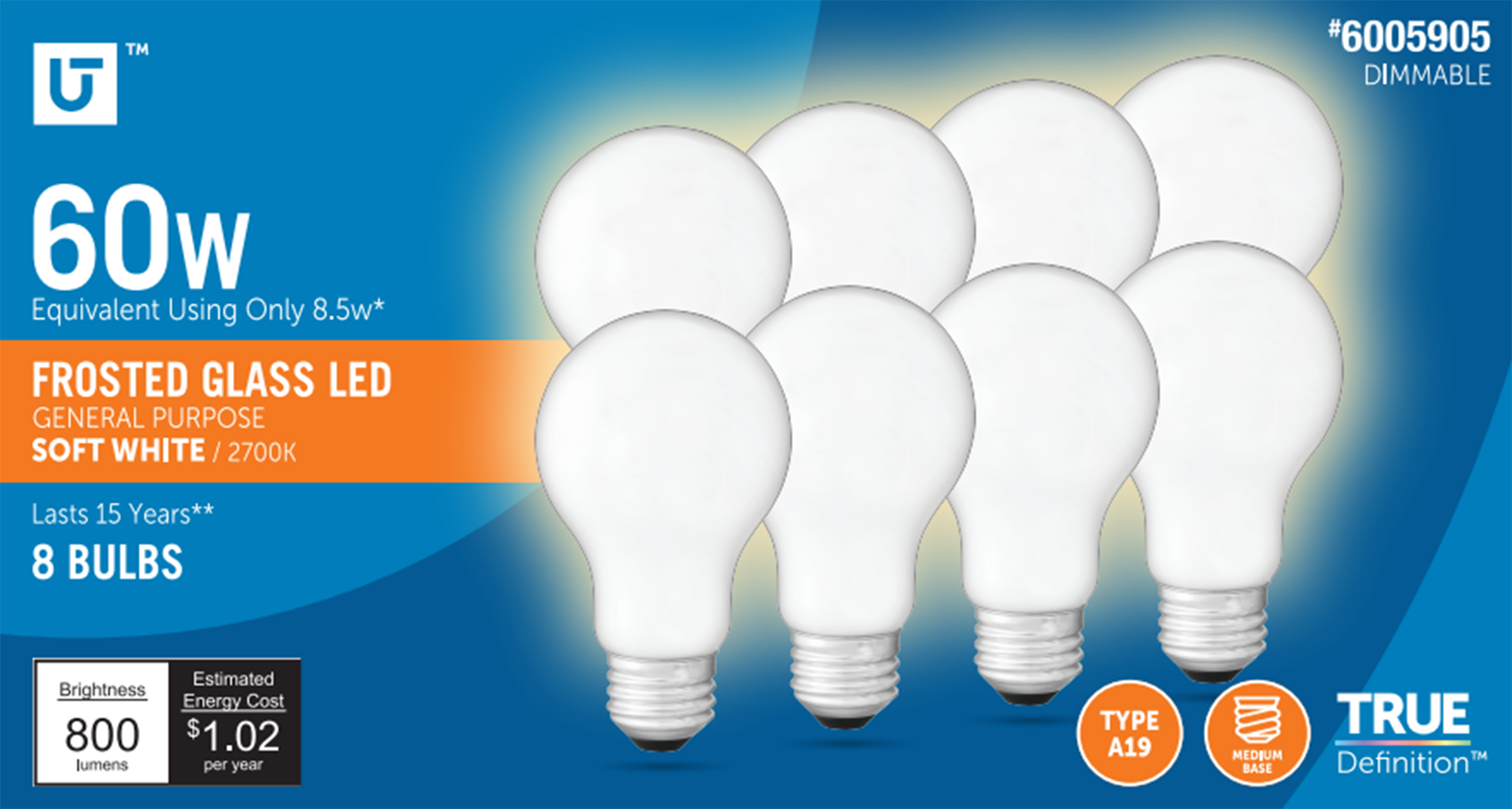 Utilitech 5A19DG8.5WOP27K8PB 60 -Watt EQ A19 Soft white E26 Dimmable LED General purpose Light Bulb 8 -Pack