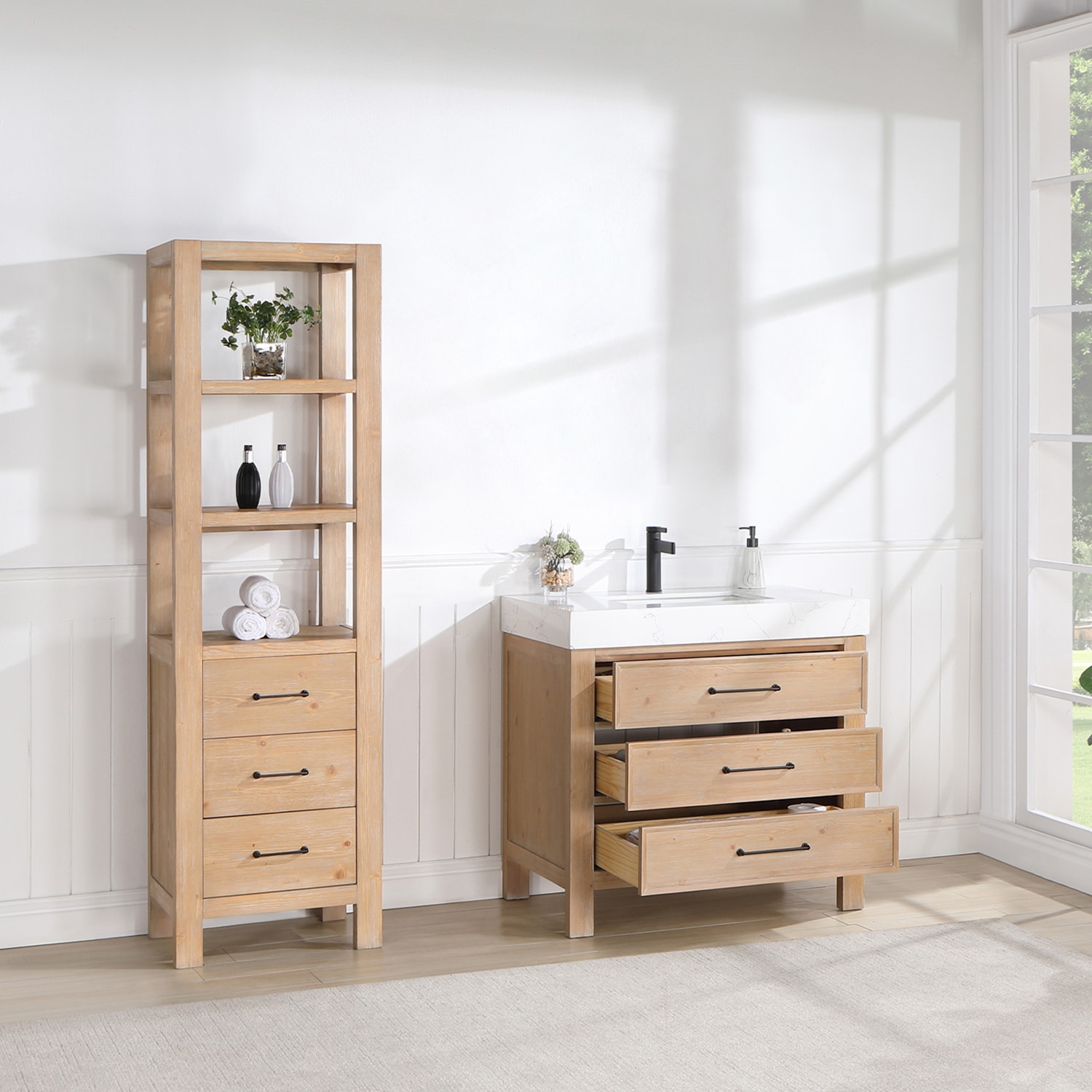 Leon 36" Fir Wood Brown Bathroom Vanity with White Composite Top