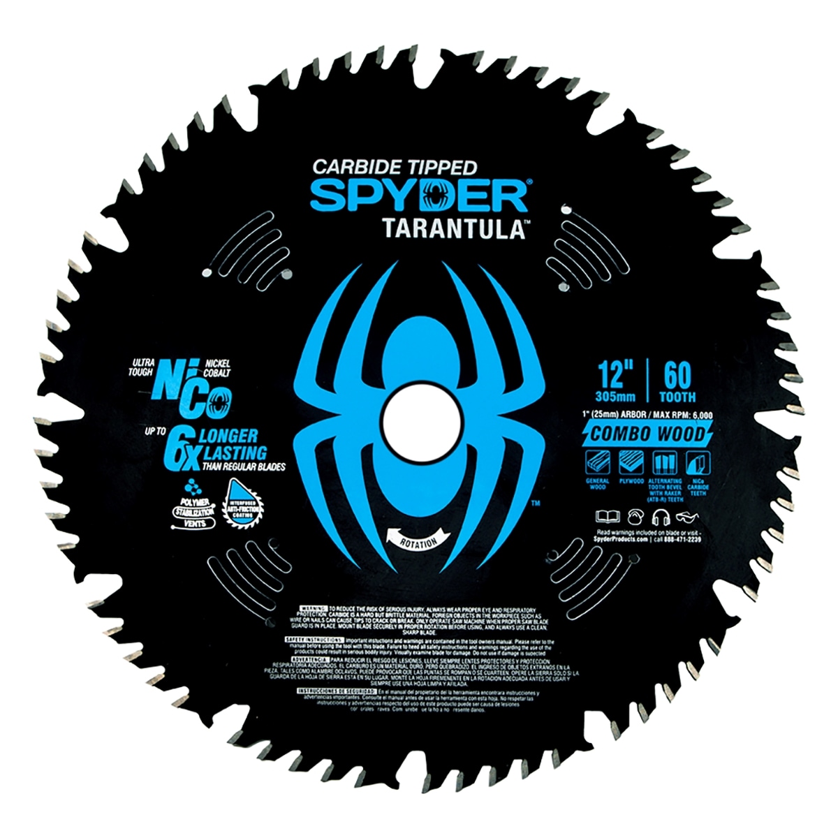 Spyder 13022 Combo Wood 12-in 60 -Tooth Tungsten carbide-tipped steel Miter/Table saw blade Individual