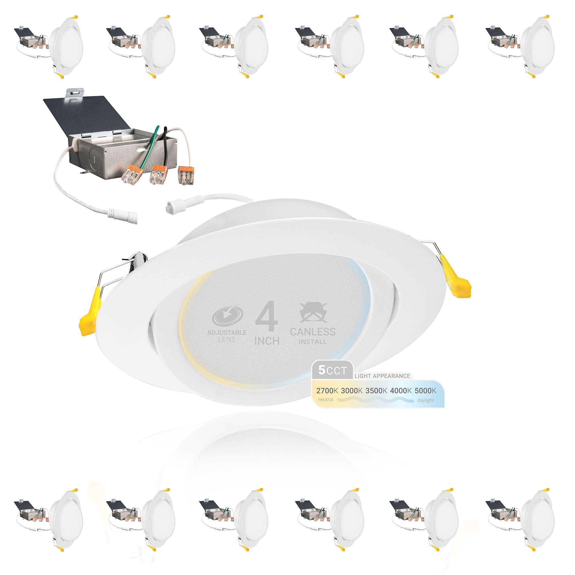 NUWATT NW-PADJDL49W5CTWH12P Ultra Slim Gimbal Adjustable Lens White 4-in 630 -Lumens Switchable Round Dimmable LED Canless Damp rated Recessed Downlight 12 -Pack
