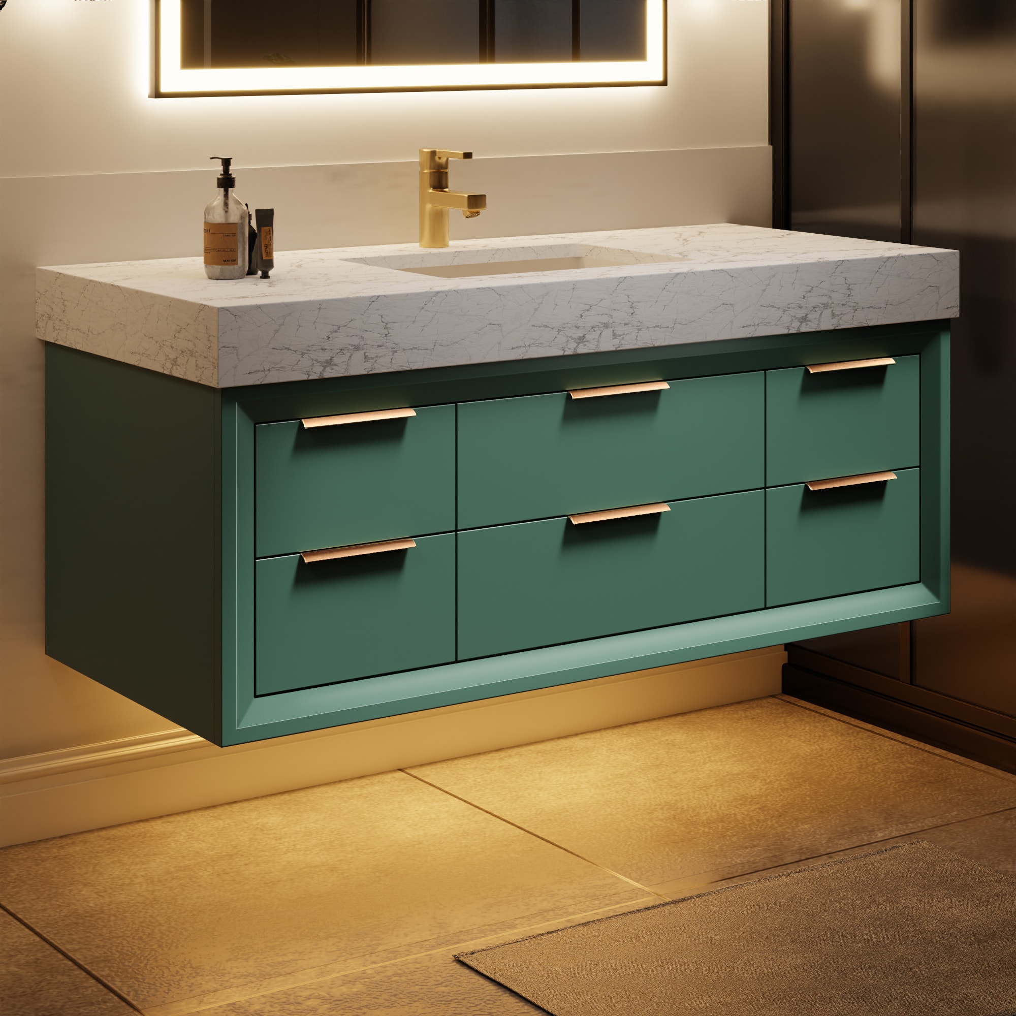 ExBrite XB4821V9GN 48-in Green Undermount Single Sink Floating Bathroom Vanity with White Engineered Stone Top