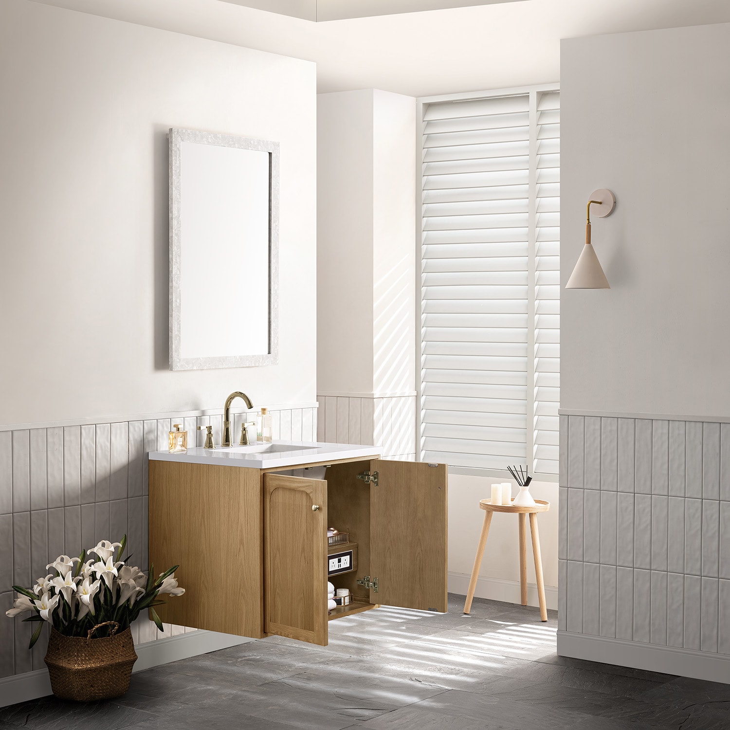 Light Natural Oak Wall-Mount Single Vanity with White Quartz Top