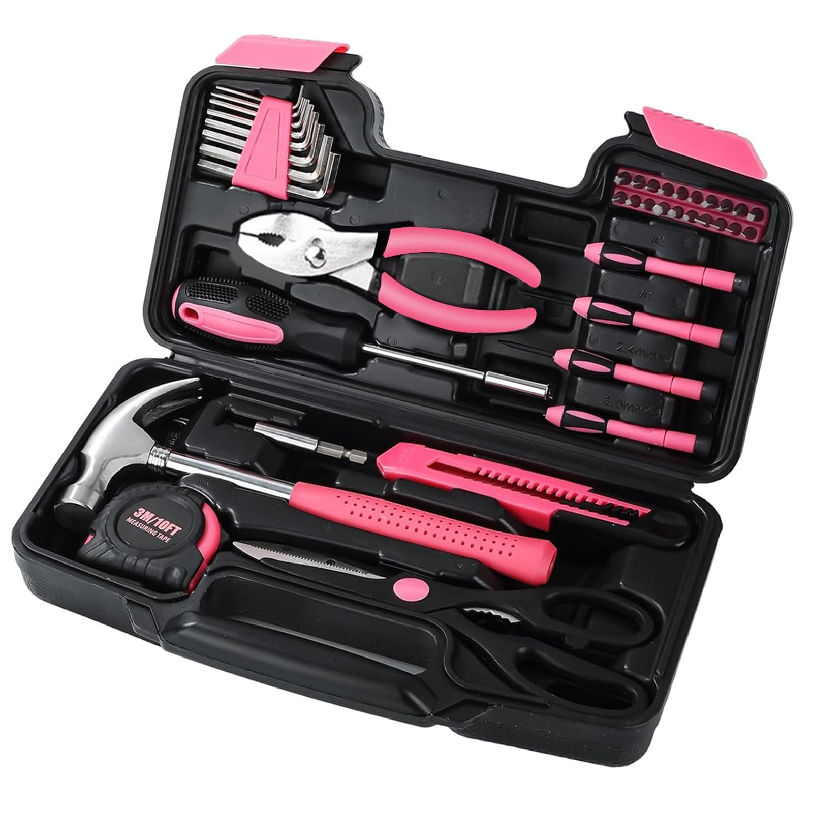 Afoxsos 39 Piece Household Tool Set Pink Essential Home Maintenance DIY Kit with Hammer Screwdrivers Pliers Tape Measure Utility Knife Scissors #LAF1225T36