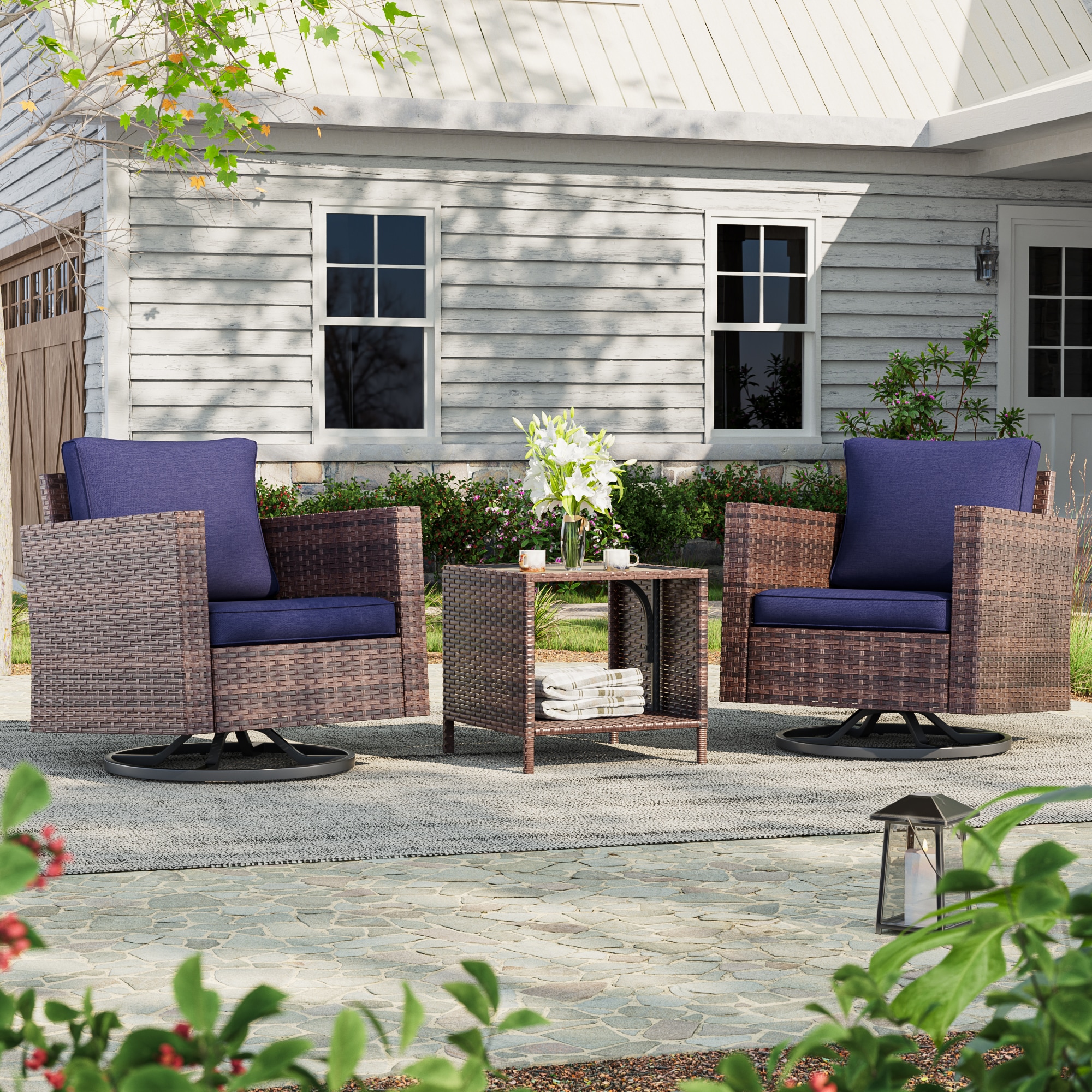 ACEGOSES LW-2R-BNY-T3 Patio Swivel Rocking Chairs 3 -Piece Wicker Patio Conversation Set with Blue Cushions