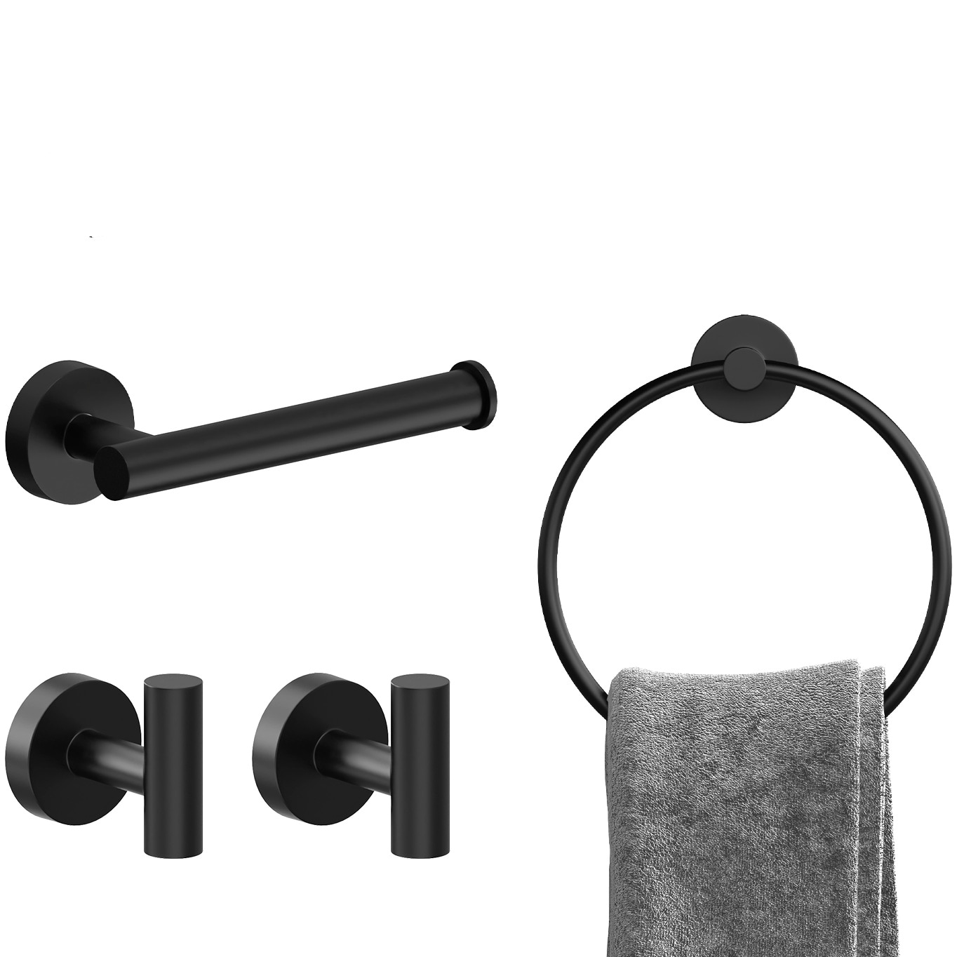 WIZ INJL-010 4 -Piece Matte Black Decorative Bathroom Hardware Set Toilet Paper Holder, Towel Ring ,Robe Hook Included