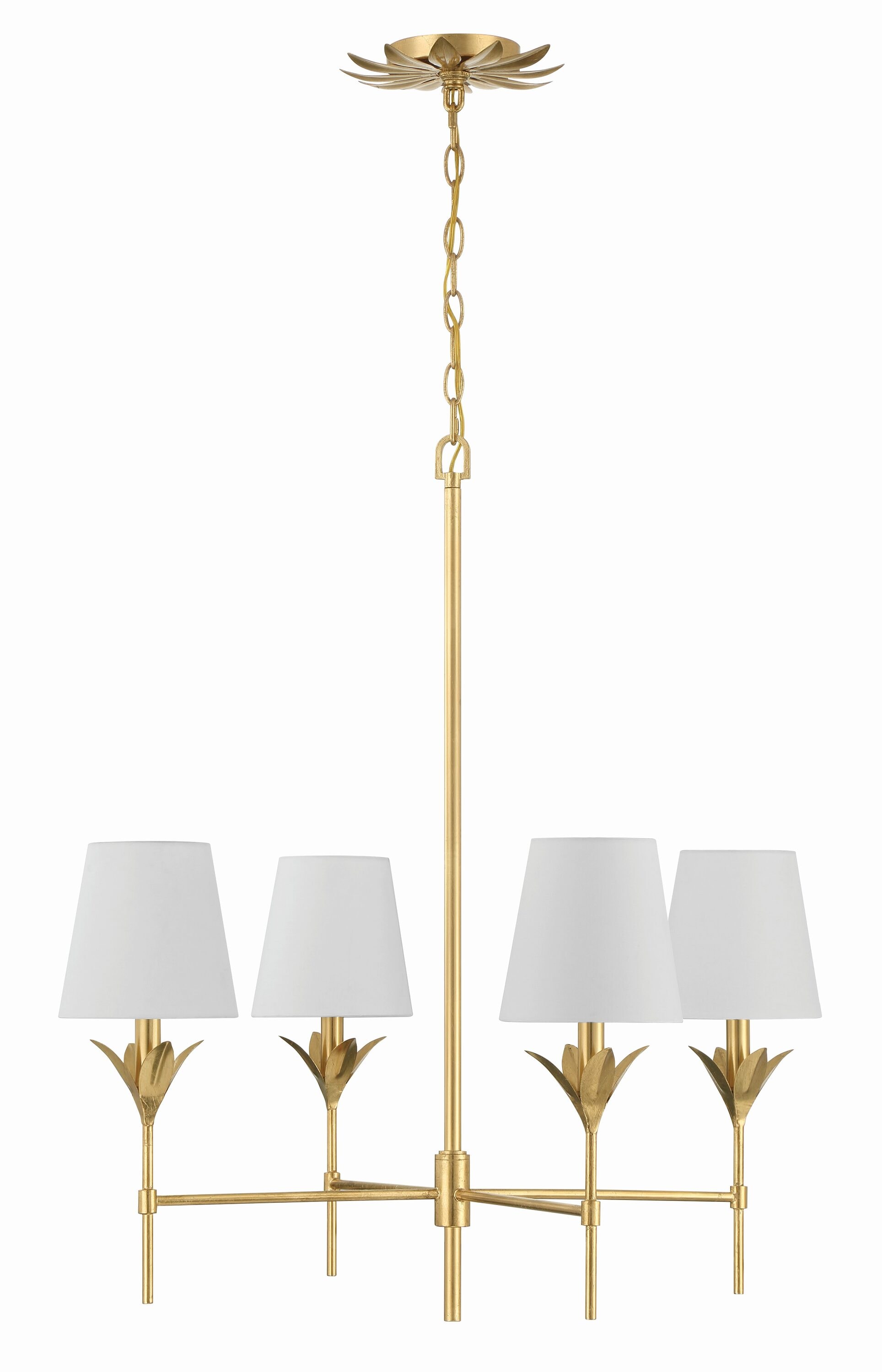 Antique Gold Crystal 4-Light Chandelier with White Silk Shades